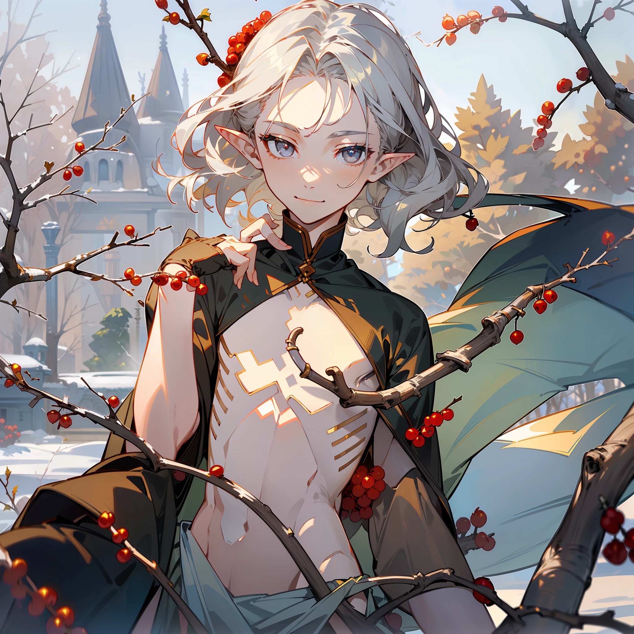 young man, twink, (((male))), (((man))), (1guy), (((single))), (((solo))), (((grey hair))), (((silver eyes))), (medium short hair), (chin-length hair), wavy hair, slim body, ((flat chest)), (((fantasy style))), (((wearing fir branches in his hair))), (((holly leaves in his hair))), (((red berries in his hair))), red berries in hair, flowercrown, ((pointy ears)), (((silver colored eyes))), smooth skin, bare legs, revealing clothes, (((wearing twigs in his hair))), (mistletoes), ((walnuts in hair)), gold details, winter, smiling, garden in the background, fantasy palace in the background, snow in the background, in the background, sunny weather