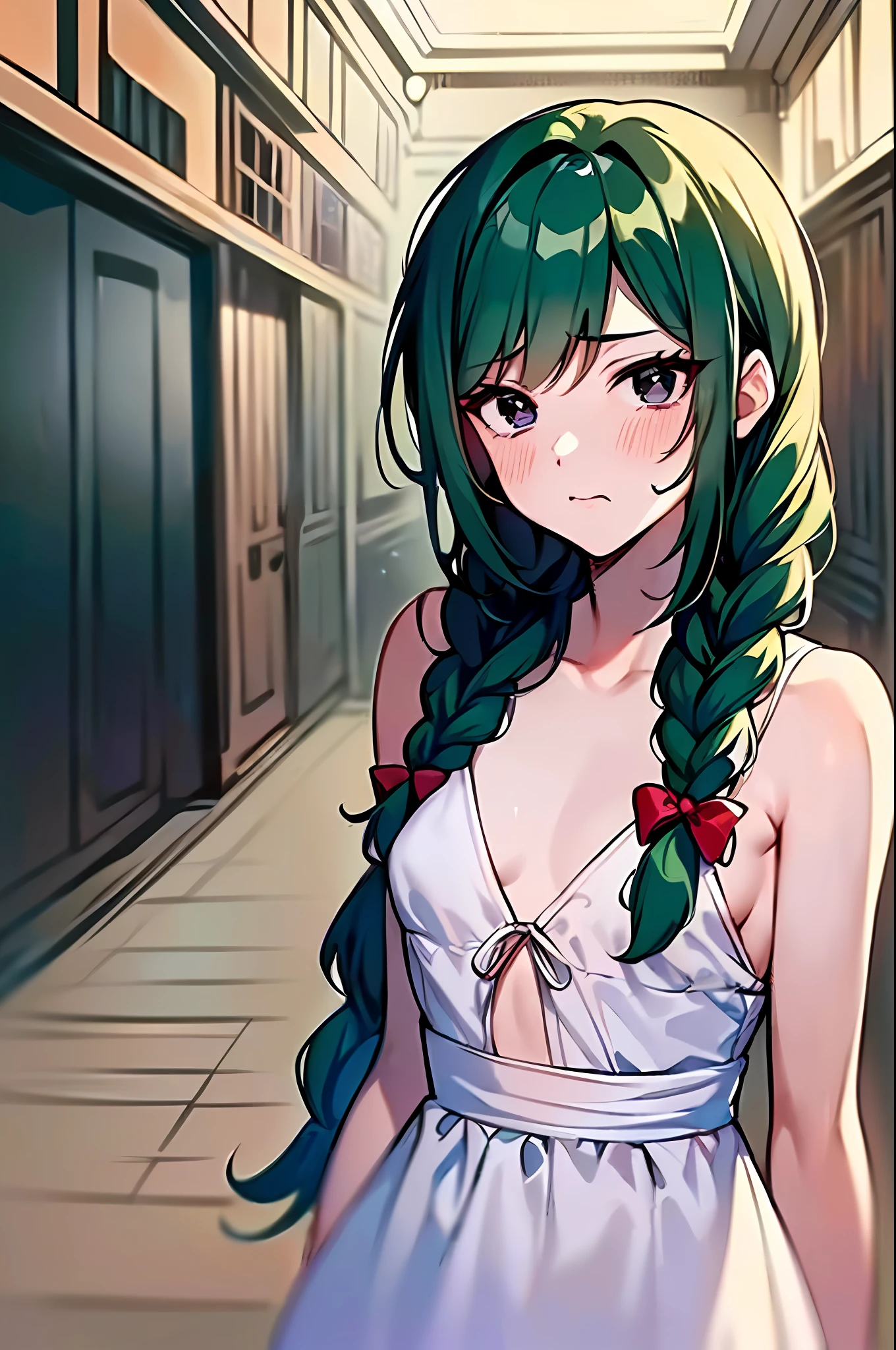 (2D Illustration, 8K CG :1.3), Facing the front,(************),((a cute girl is standing)),((is wearing white dress with open chest)),(twin braid:1.5),(dark green hair),(black eyes),(blushing),(troubled face), (small breasts),cowboy shot, Simple background , (ultra detailed), (masterpiece), (Colorful)