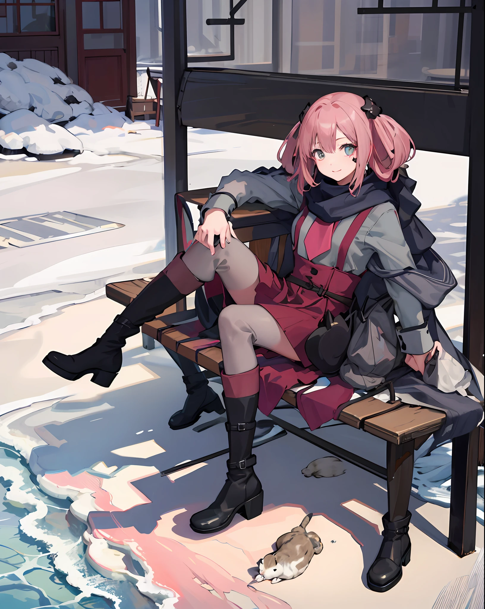 1girl in,shichimiya satone, Chair,Outdoors, Full body, heart mark,Sitting,long boots