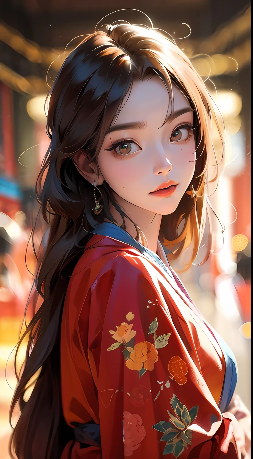 (RAW photo, best quality), (realistic, photo-realistic:1.3), best quality, highly detailed, masterpiece, ultra-detailed, illustration, 1girl, upper_body, beauty, world mastery theater, messy_long_hair,best quality, extremely detailed CG unity 8k壁纸，墨水，惊人，电影灯光，lens_flare，dunhuang_style