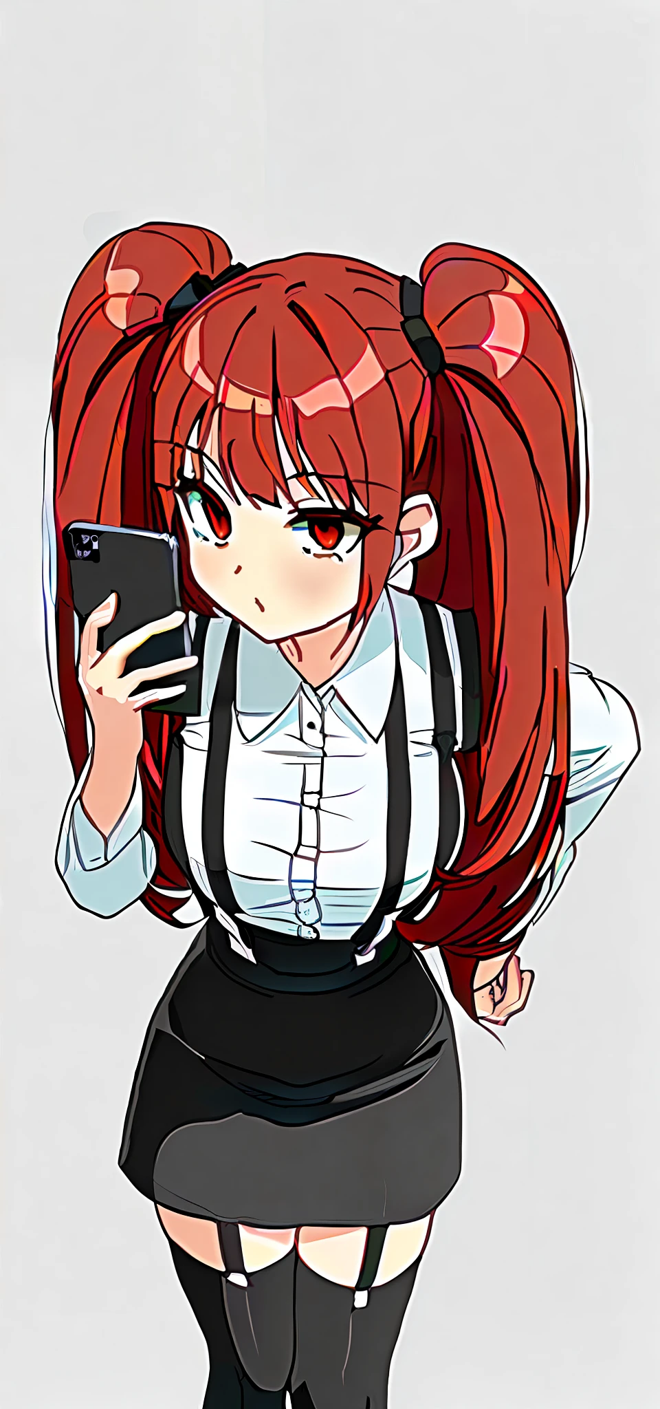 Cartoon girl with red hair and black dress, black suspenders stockings,White color blouse,Red double ponytail,Holding a cell phone in his hand