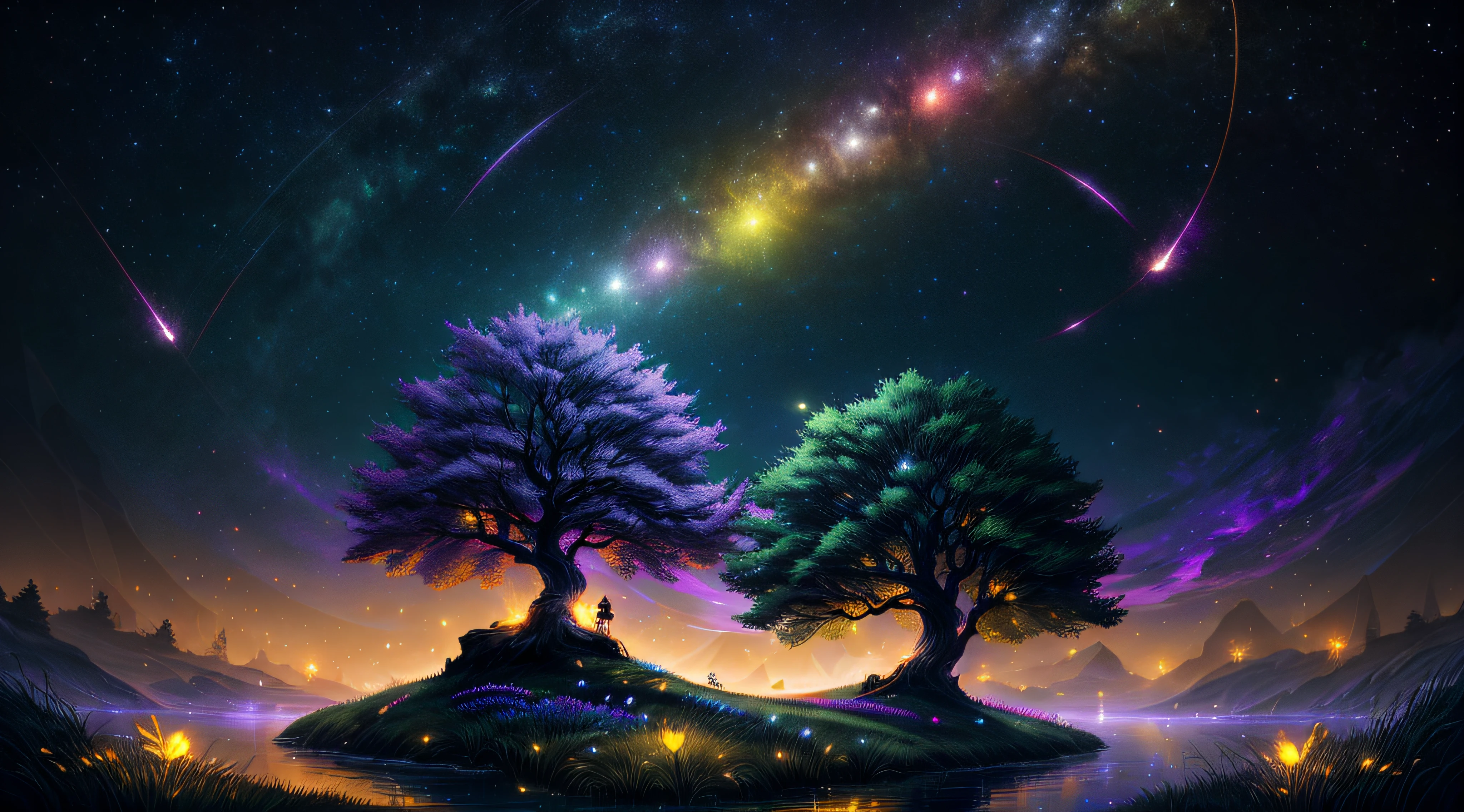 masterpiece、top-quality、hightquality、Highly detailed CG Unity 8K wallpapers、Bright night sky with bright colors、Sky full of stars、bright green grass landscape、colorful trees々、Beautifully luminous trees、Glittering fruits、And bright shining blue flowers。The stream is a rich black shade,、The air is filled with sweet exotic aromas。The environment seems to have been taken out of a dream.、Luminescent fireflies and colorful fireflies fly around、awardwinning photo、bokeh dof、depth of fields、nffsw、bloom、chromatic abberation、Photorealsitic、ighly detailed、trending on artstationh、CG Cezoti Trend、intricate and detailed、Dramatic、Art by Midjourney