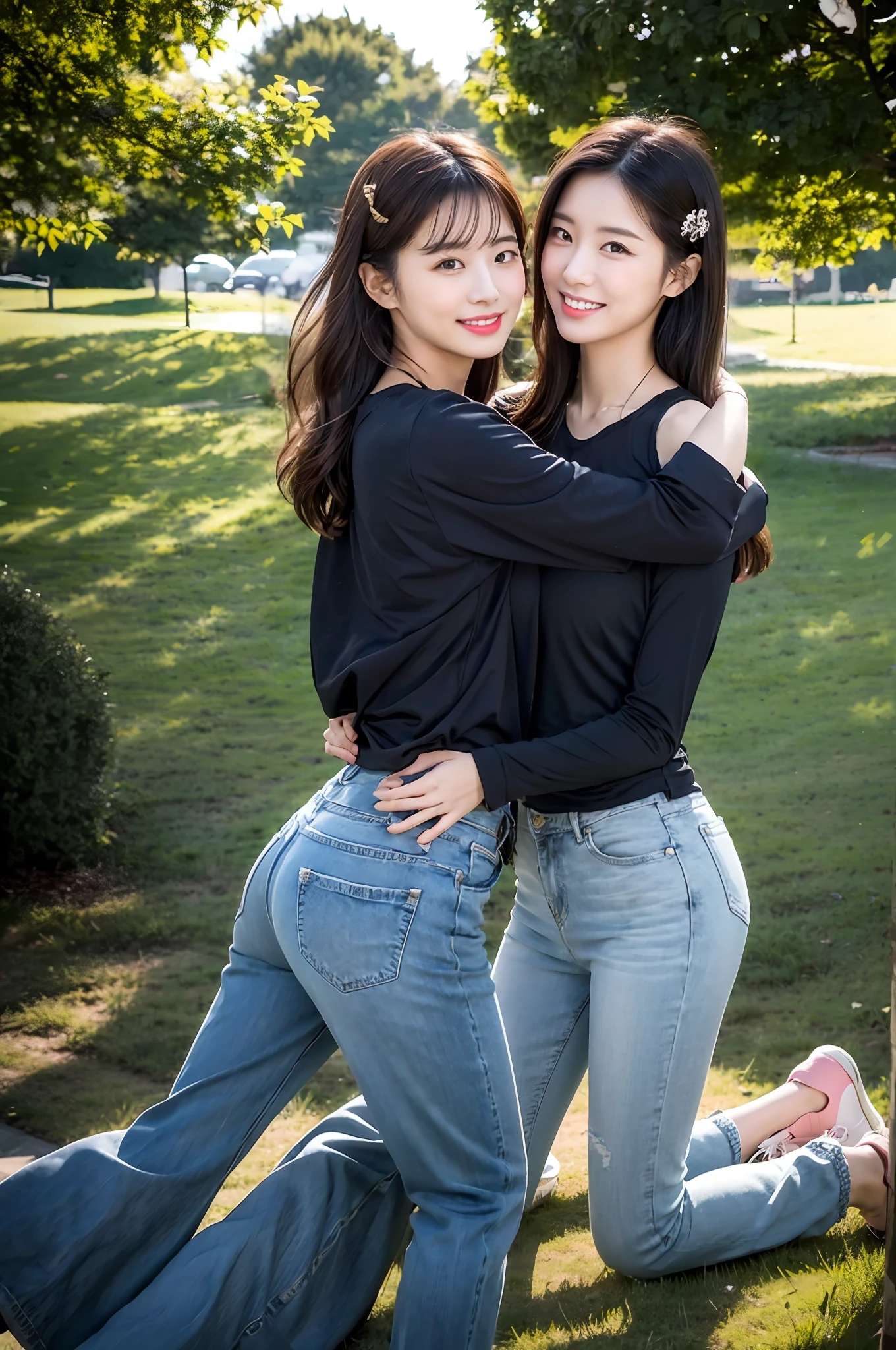 (RAW photogr,超高分辨率,tmasterpiece,best qualtiy:1.4),Complicated details,2 20 year old Korean girl,Wear a loose black T-shirt and stylish jeans,Stand on the grass and take pictures,hugs,Intimate relationships,Detailed meadow,A sweet smile on a small face,The face and skin are pink and fair,Ultra-realistic facial details,Beautiful ribbons and hair accessories,Playful and coquettish pose,The calves are straight and slender:1.5,Wear high-end branded colorful travel shoes:1.5,eventide,warm color,Broad lighting,naturalshadow,Shoot from the back,Beautiful waist and hips,taking a full body photo:1.8