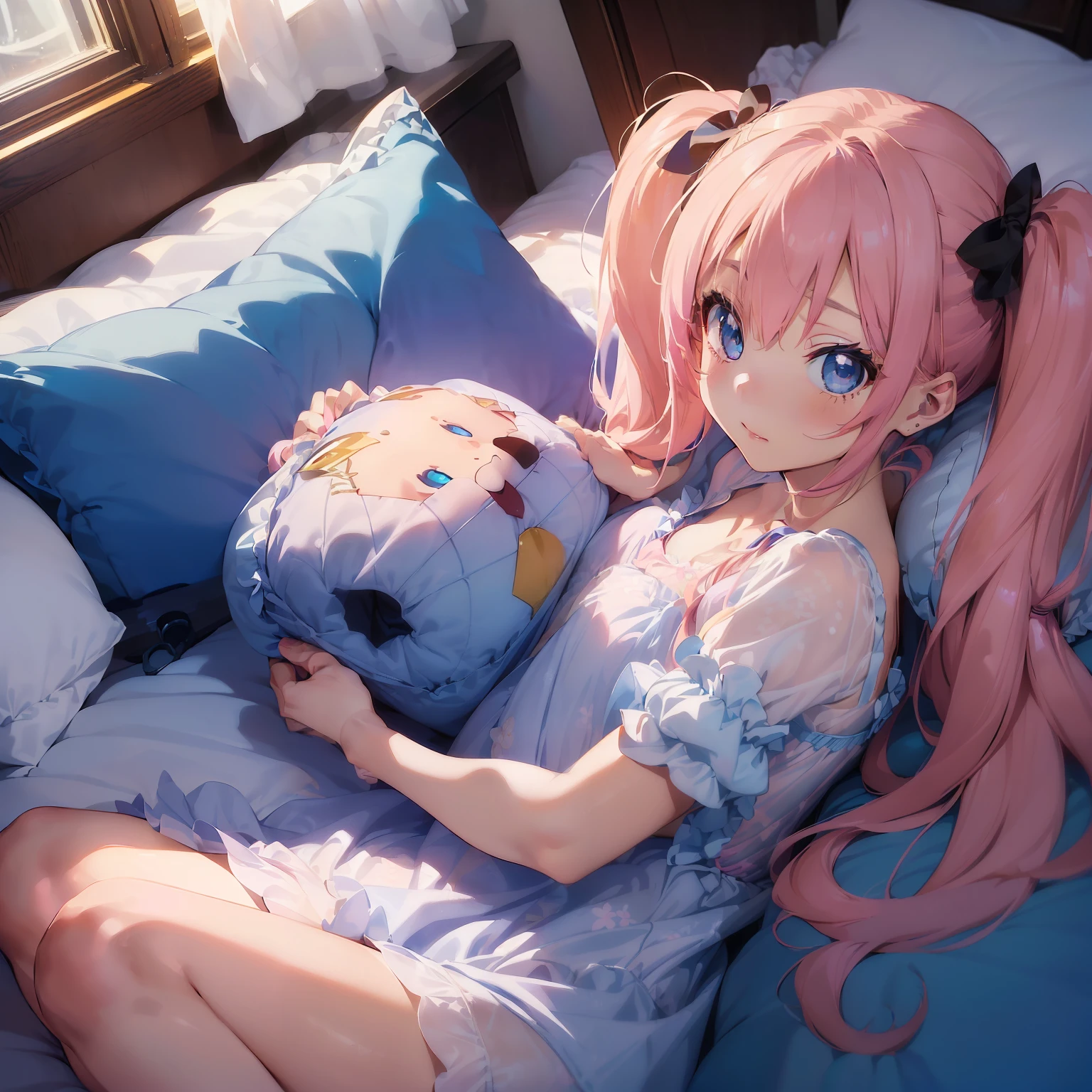((A masterpice))、((Best quality at best)、(Super Detail)、8K、Delicate depictions are filmed in anime style。 (extra very long hair、Pink hair and bright blue eyes、)(twintails)Her blue eyes are highlighted。 The overall tone is brighter、she is Lying。(see through nightdress),moon,window,bedroom,(lying in bed holding a pillow)