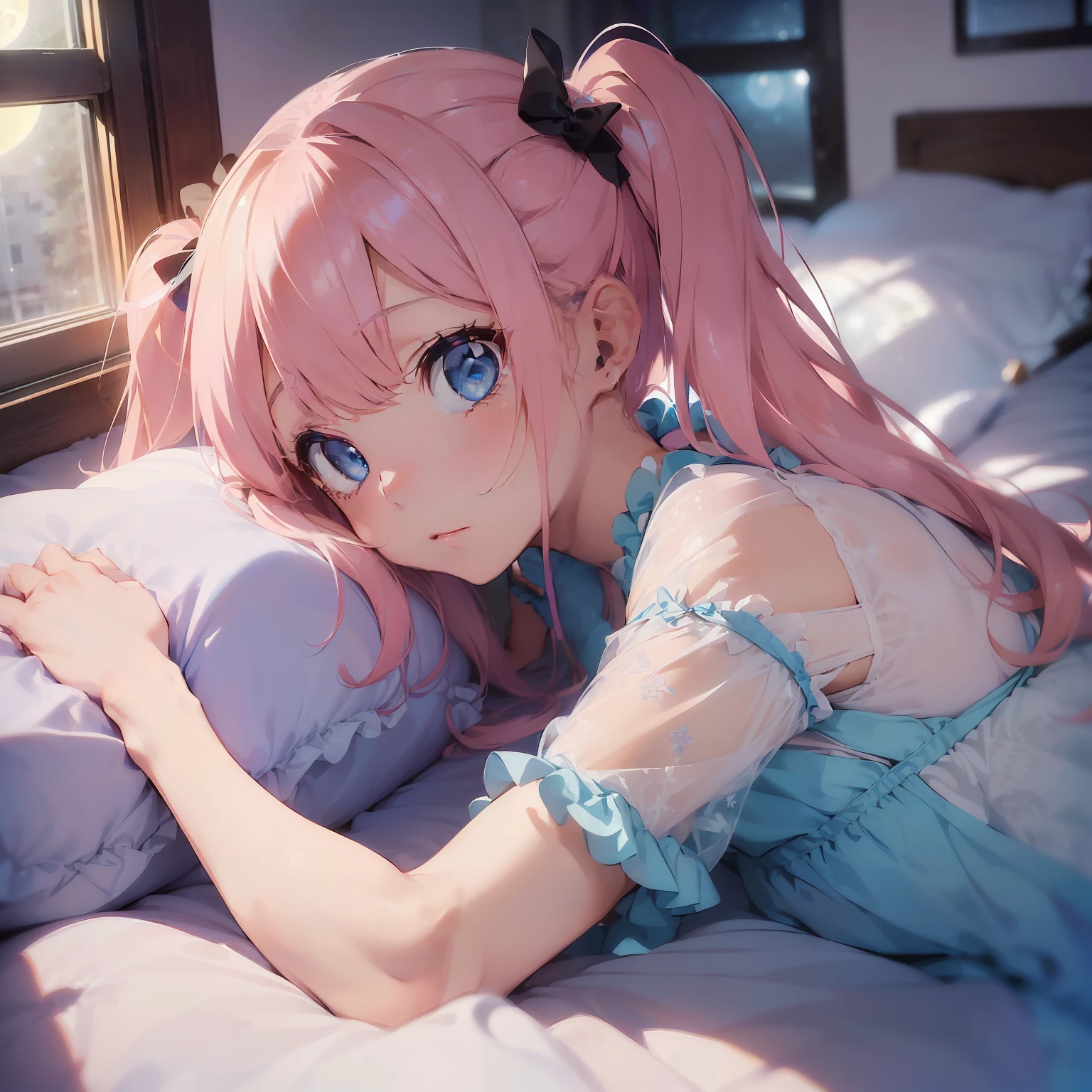 ((A masterpice))、((Best quality at best)、(Super Detail)、8K、Delicate depictions are filmed in anime style。 (extra very long hair、Pink hair and bright blue eyes、）(twintails)Her blue eyes are highlighted。 The overall tone is brighter、she is Lying。(see through nightdress),moon,window,bedroom,(lying in bed holding a pillow)