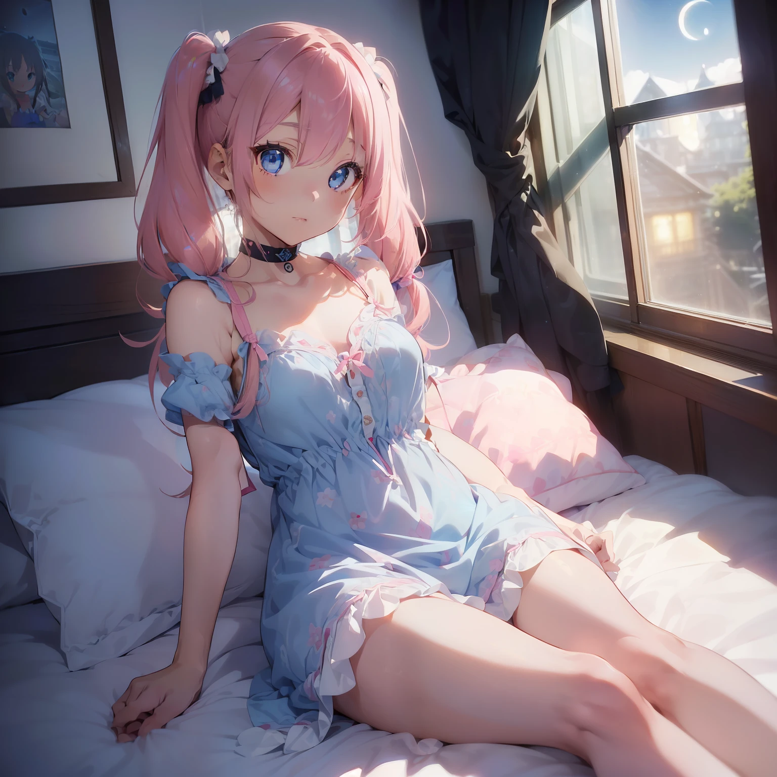 ((A masterpice))、((Best quality at best)、(Super Detail)、8K、Delicate depictions are filmed in anime style。 (extra very long hair、Pink hair and bright blue eyes、)(twintails)Her blue eyes are highlighted。 The overall tone is brighter、she is Lying。(see through nightdress),moon,window,bedroom,(lying in bed holding a pillow)