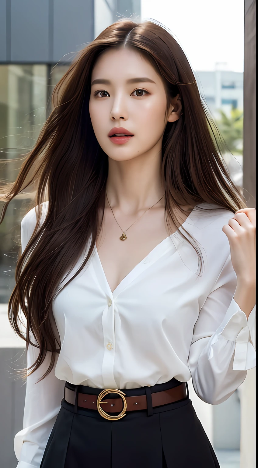 (Best quality, High resolution, Masterpiece :1.3), A tall and pretty woman, Slender abs, Dark brown hair styled in loose waves, Breasts, Wearing pendant, White button up shirt, Belt, Black skirt, (Modern architecture in background), Details exquisitely rendered in the face and skin texture, Detailed eyes, Double eyelid