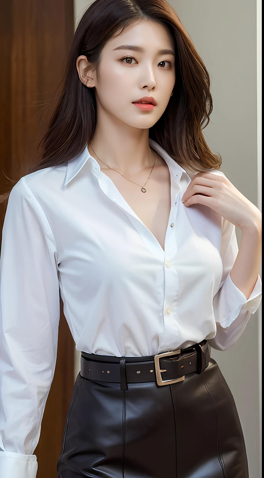 (Best quality, High resolution, Masterpiece :1.3), A tall and pretty woman, Slender abs, Dark brown hair styled in loose waves, Breasts, Wearing pendant, White button up shirt, Belt, Black skirt, (Modern architecture in background), Details exquisitely rendered in the face and skin texture, Detailed eyes, Double eyelid