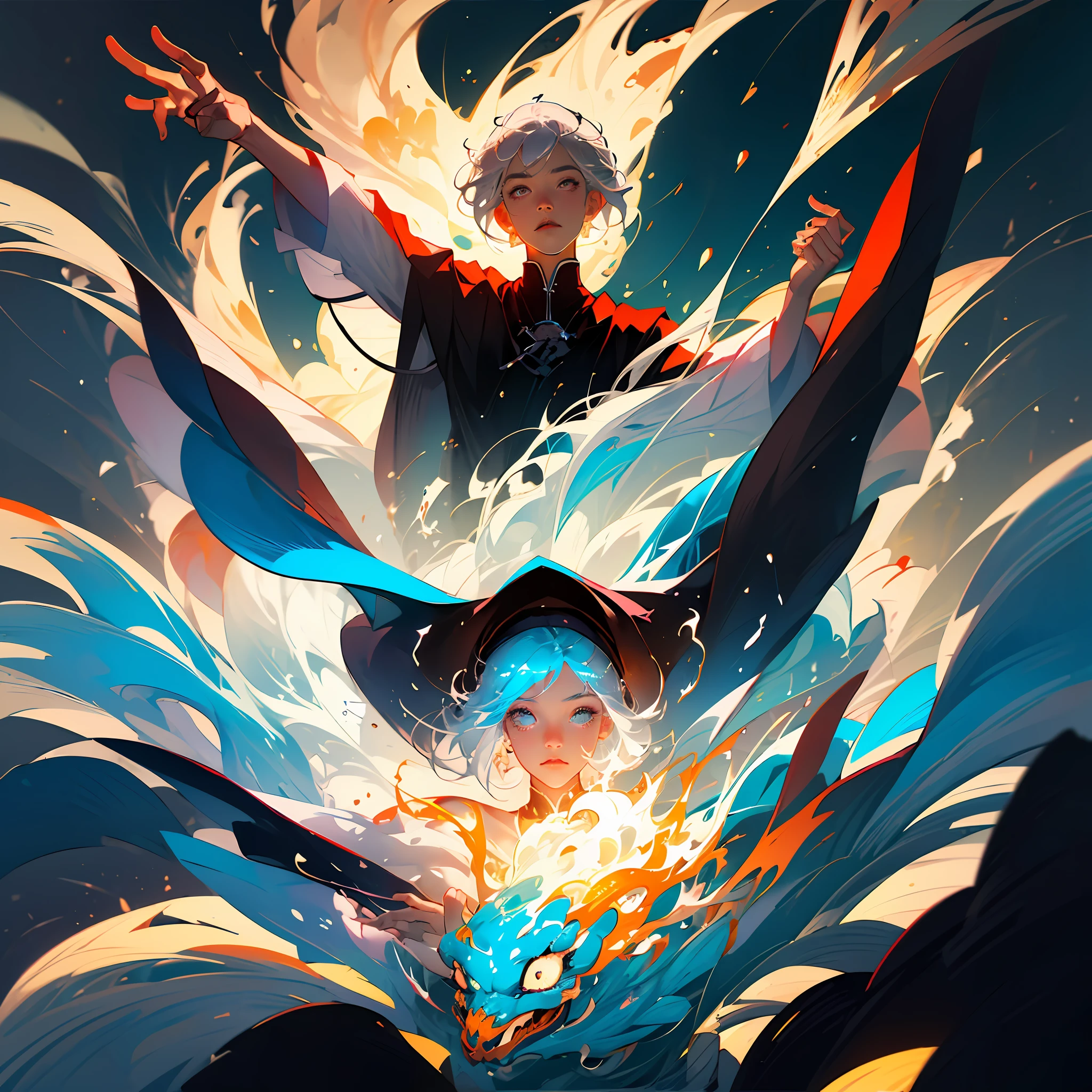 Ziddink, ink sketch, (best quality, masterpiece: 1.3), 1 boy,
Silver hair, bright pupils, short hair, hair combed back, flowing hair, black robe, expressionless,
 (Abstract Ink Splash: 1.2) , he holds the glowing blue bird in one hand, he looks up at the sky, flames surround his body, --auto