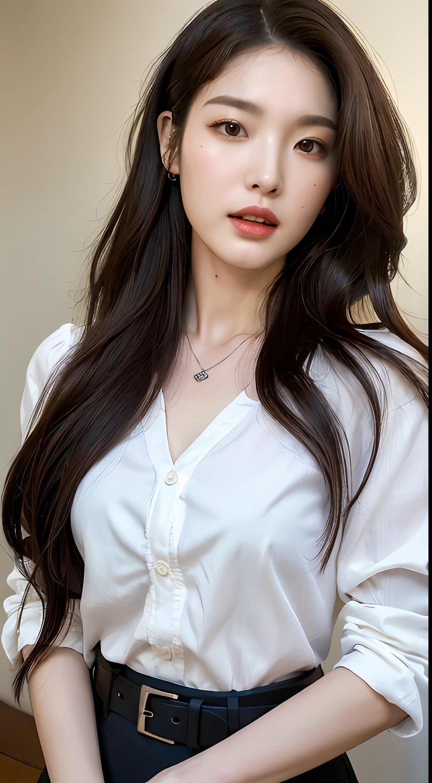 (Best quality, High resolution, Masterpiece :1.3), A tall and pretty woman, Slender abs, Dark brown hair styled in loose waves, Breasts, Wearing pendant, White button up shirt, Belt, Black skirt, (Modern architecture in background), Details exquisitely rendered in the face and skin texture, Detailed eyes, Double eyelid