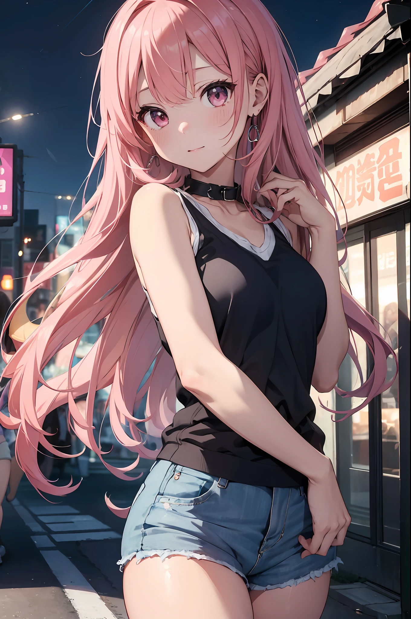 （（mideum breasts、tomgirl、Head））、（the perfect body：1.1）、（hair wavy：1.2）、(Pink hair)、(Very long hair)、(Twin-tailed)、reddish brown、collars、chain、FULL BODYSHOT、Crowded city、Black tank top、jean jacket、（Shorts）、（Very elaborate CG 8K wallpapers）、（extremely delicate and beautiful）、（​masterpiece）、（top-quality）:1.0)、(超A high resolution:1.0)、beautiful  lighting、perfect lightning bolt、realistic shadow、[hight resolution]、detailed skins、ultra-detailliert ((colourfull))