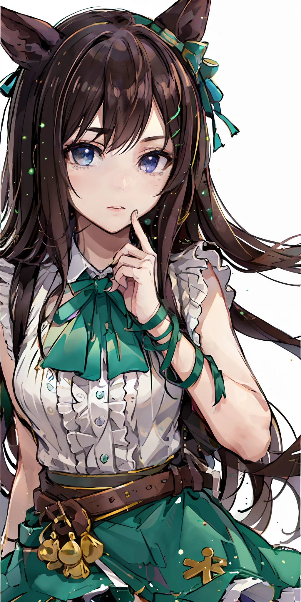 1girl in、brown-haired((Long hair)、a purple eye、Beautiful eyes、Marl、side lights、Particles of light、wall-paper、White clothes、Green skirt(falda corta)、Green Ribbon(Neck)、a belt、a backdrop of(Simple light-up)、with light glowing、