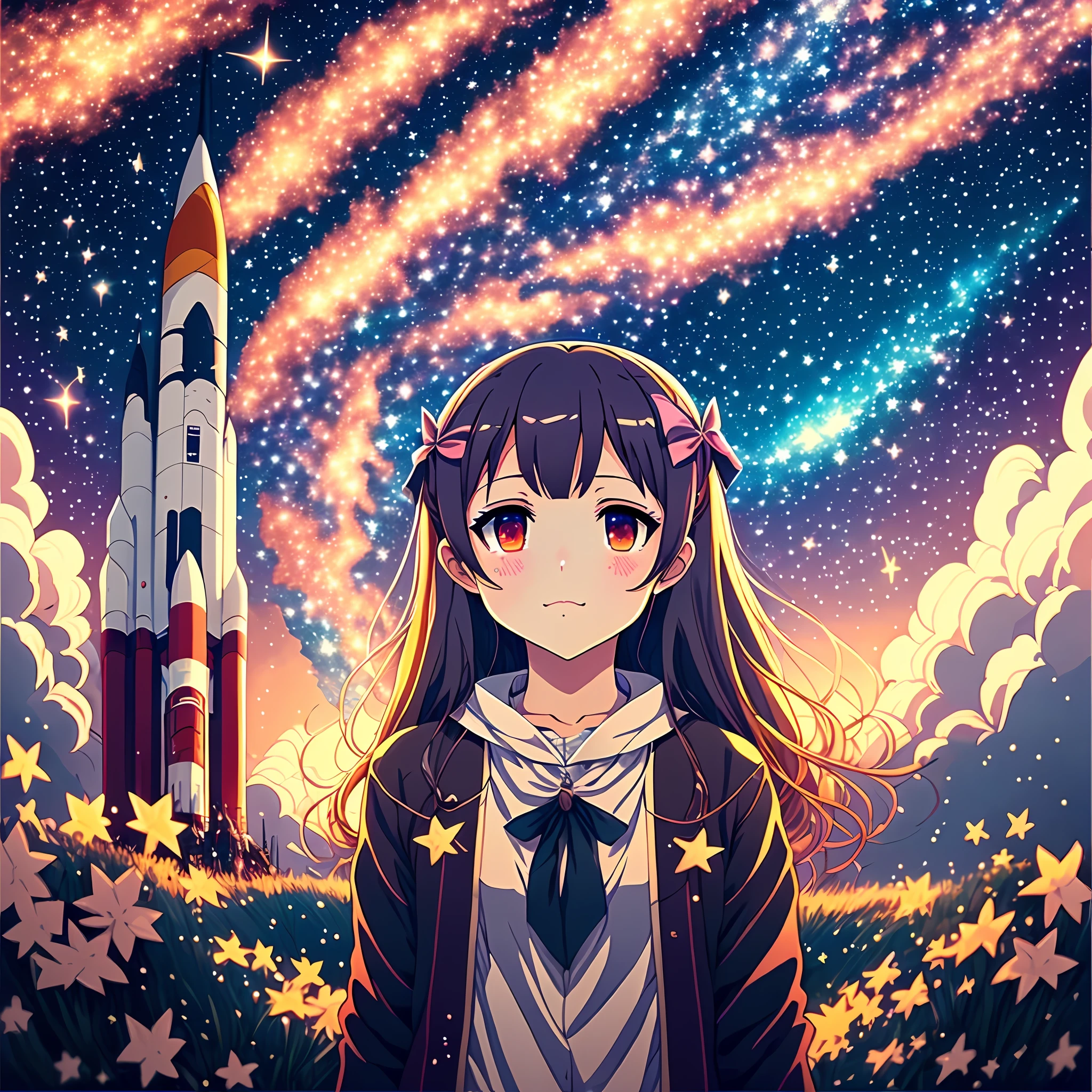 A starry sky，rockets，12year old girl，Beautiful anime 4k --auto