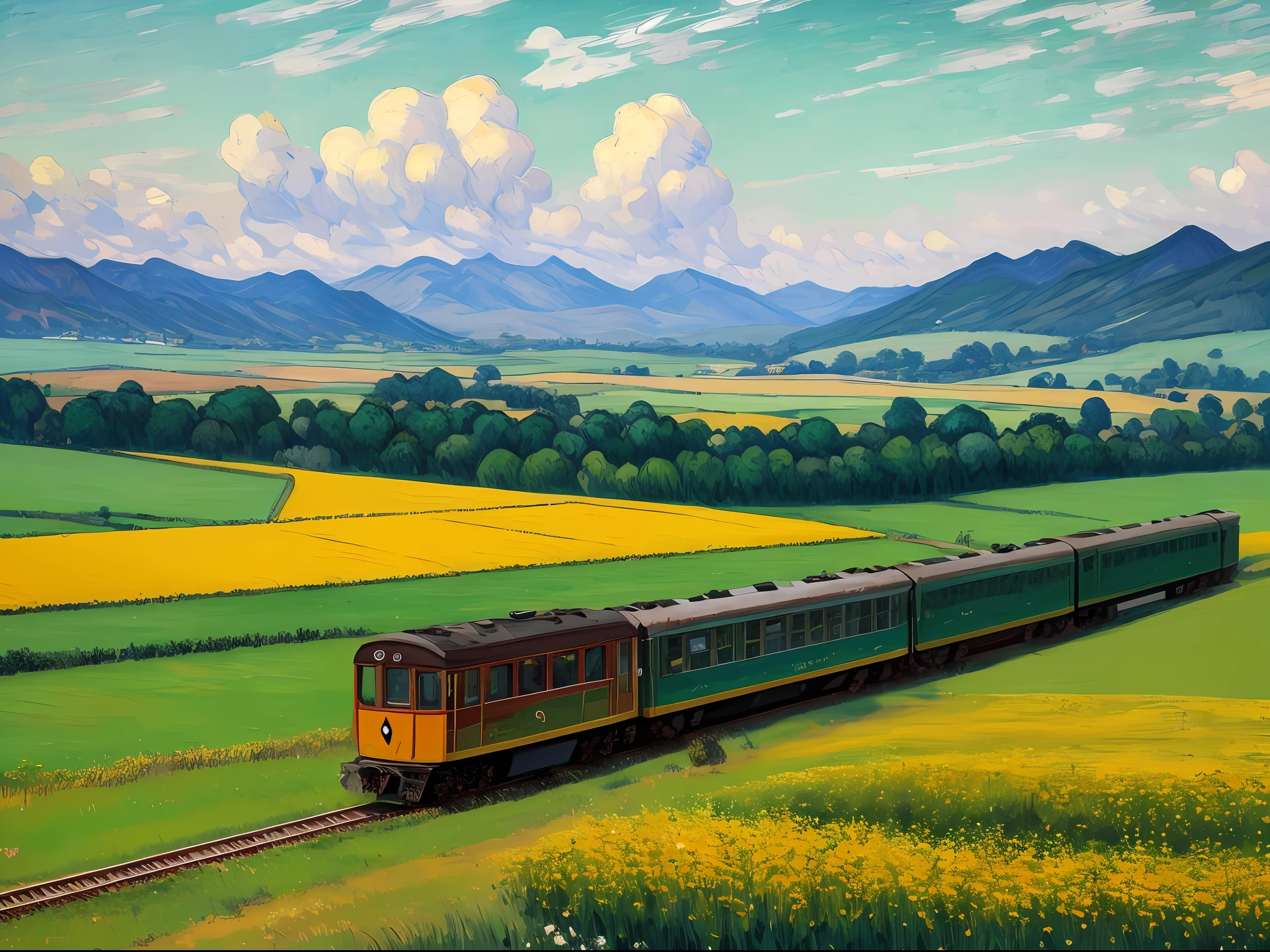 See the scenery of spring from a distance from a height An old-fashioned train passes by, Flowers, the lush vegetation, with blue sky and white clouds, Fields in the distance Mountains Impressionism, Abstract oil painting style oil brush strokes Monet, Van Gogh's paintings should not be too clear and rough with a rough oil texture, White smoke from the train chimney Paint with an oil painting knife