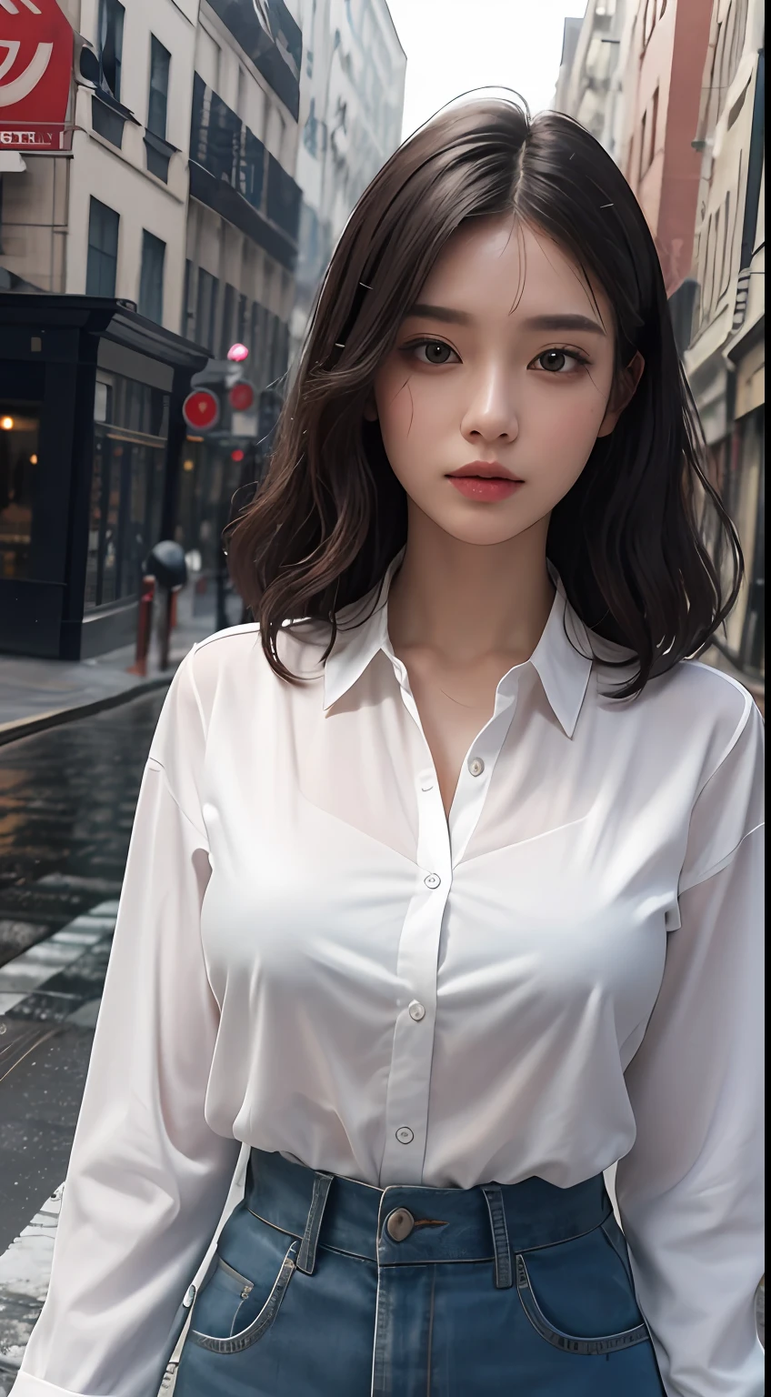 ((Best Quality, 8K, Masterpiece: 1.3)), Sharp: 1.2, Perfect Body Beauty: 1.4, Slim Abs: 1.2, ((Layered Hairstyle, Big Breasts: 1.2)), (Wet White Button Long Shirt: 1.1), (Rain, Street: 1.2), Wet: 1.5, Highly detailed face and skin texture, detailed eyes, double eyelids, side face looking at the camera