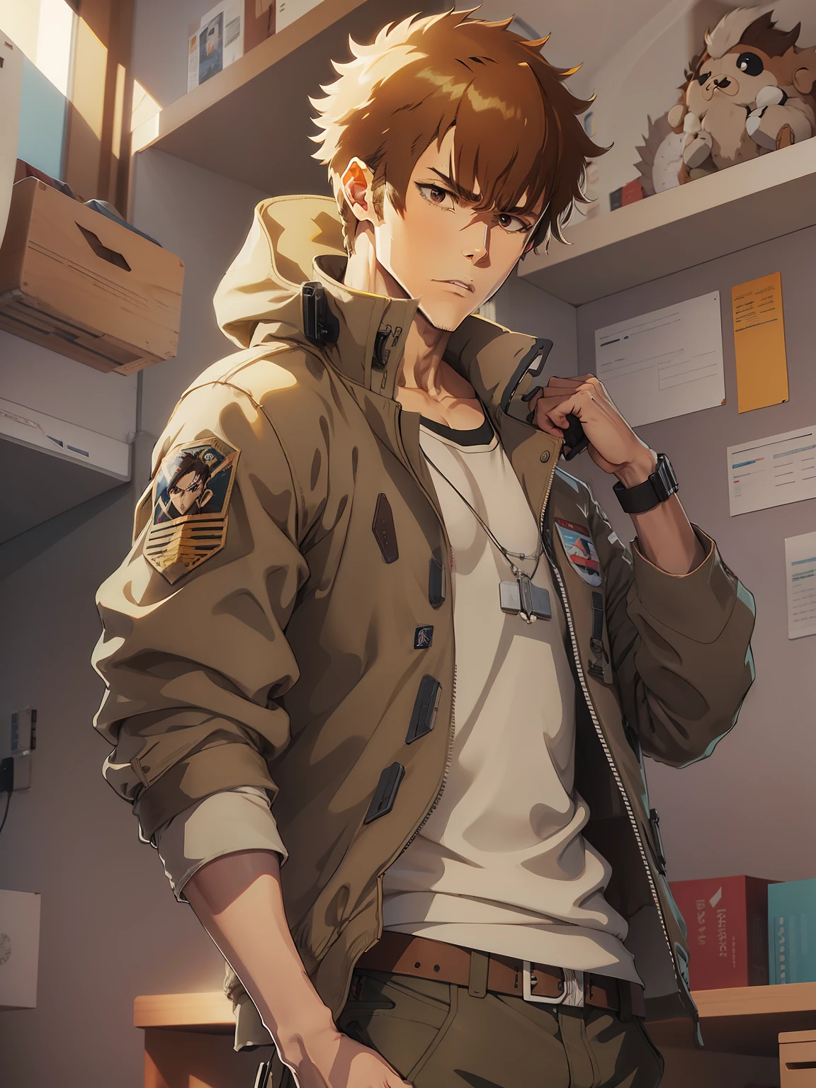 animesque。Male style images。Genkamikaze。Beautiful Youth。Brown Shorthair。thief。Brown flight jacket。pixiv Art Station。Delicate boy。male people。tall。pixiv fanbox。