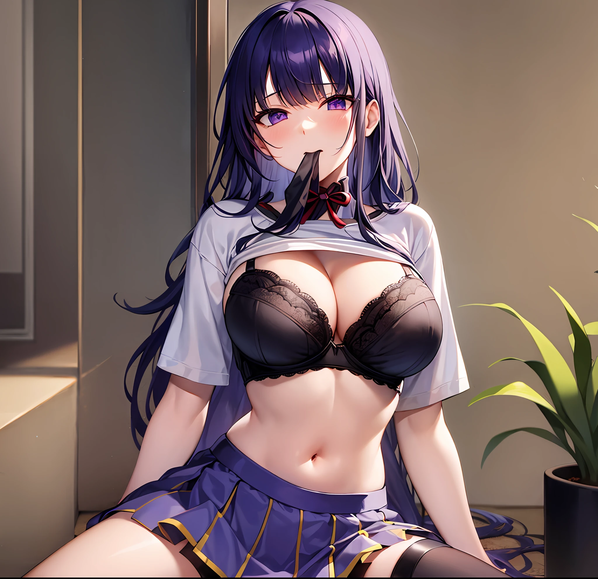 1Raiden shogun, large breasts,clothes in mouth, cleavage, navel, t-shirt, ((bra)),clothes lift, skirt, lying, full Body,sexy body,sitting