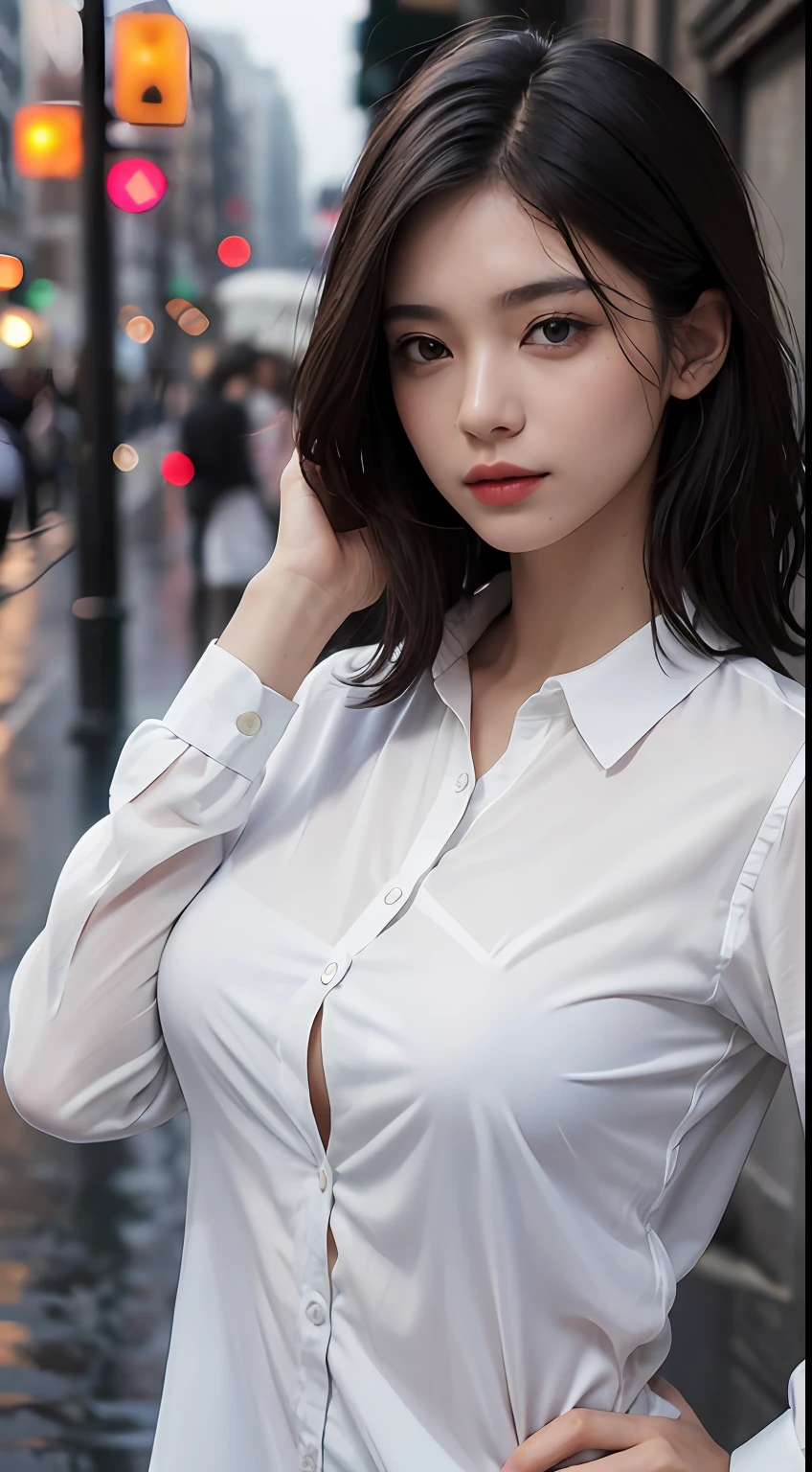 ((Best Quality, 8K, Masterpiece: 1.3)), Sharp: 1.2, Perfect Body Beauty: 1.4, Slim Abs: 1.2, ((Layered Hairstyle, Big Breasts: 1.2)), (Wet White Button Long Shirt: 1.1), (Rain, Street: 1.2), Wet: 1.5, Highly detailed face and skin texture, detailed eyes, double eyelids, side face looking at the camera