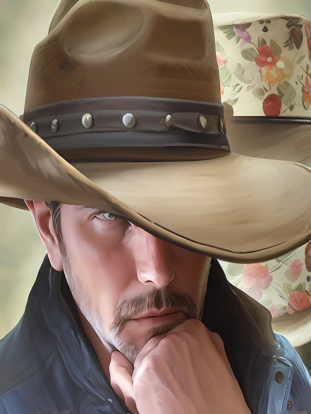 There's a guy in a cowboy hat and jacket, symmetry!! Portrait of a cowboy, wearing a cowboy hat, wearing a cowboy hat, Portrait of a cowboy, Gray hair and cowboy hat, Portrait of a cowboy, deep in thought, Cowboy portrait man, Cowboy Hat, Mexican Pecaro, profile shot, Wearing a travel hat, Cowboy Shot, Looking from the side