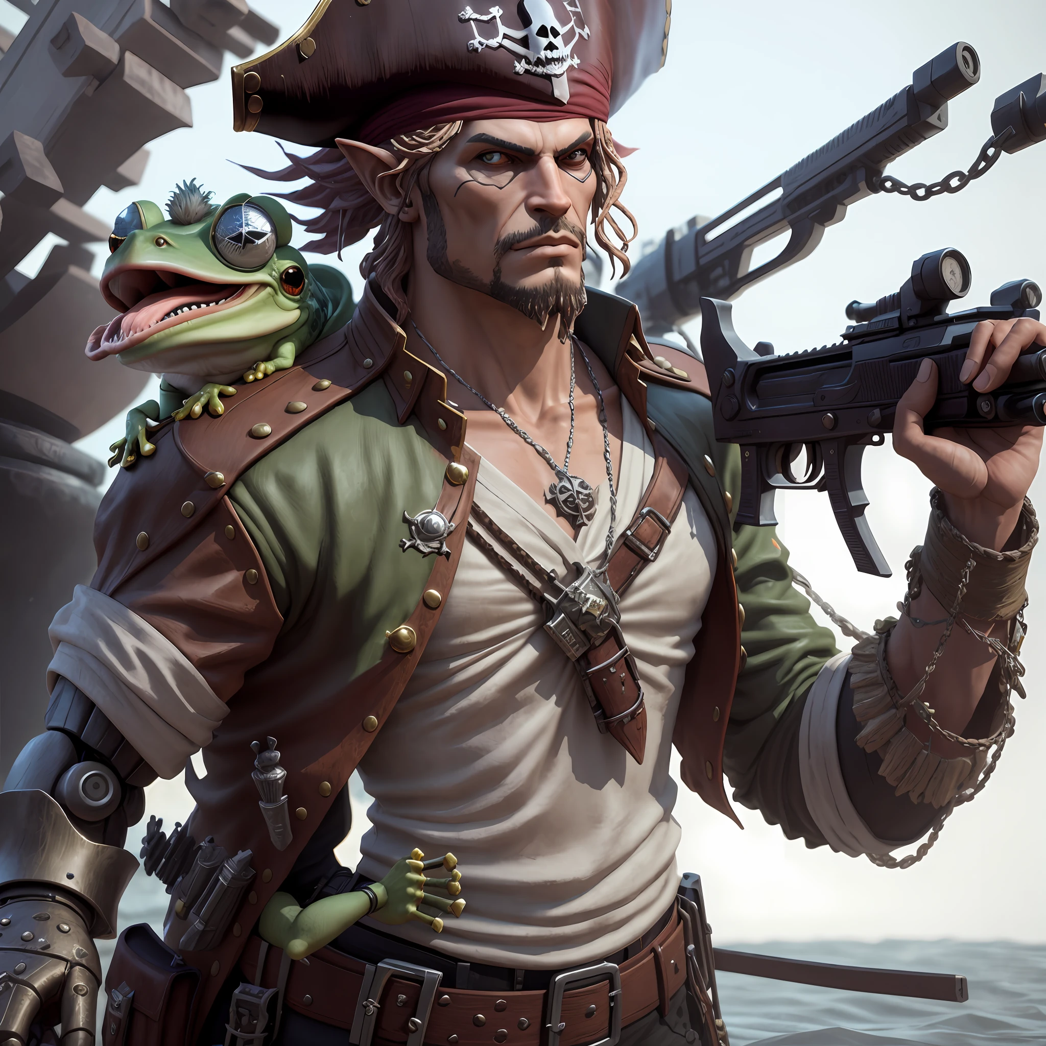 There is a frog with a gun and a gun in his hand, arte conceitual ultra realista, arte conceitual altamente realista, arte conceitual ultrarrealista, sapo cyberpunk, rolands zilvinskis 3d render art, arte conceitual extremamente detalhada, arte conceitual hiperrealista, Wojtek FUS, Arte conceitual 4K e hiper realismo, arte conceitual fotorrealista, estilo craig mullins
