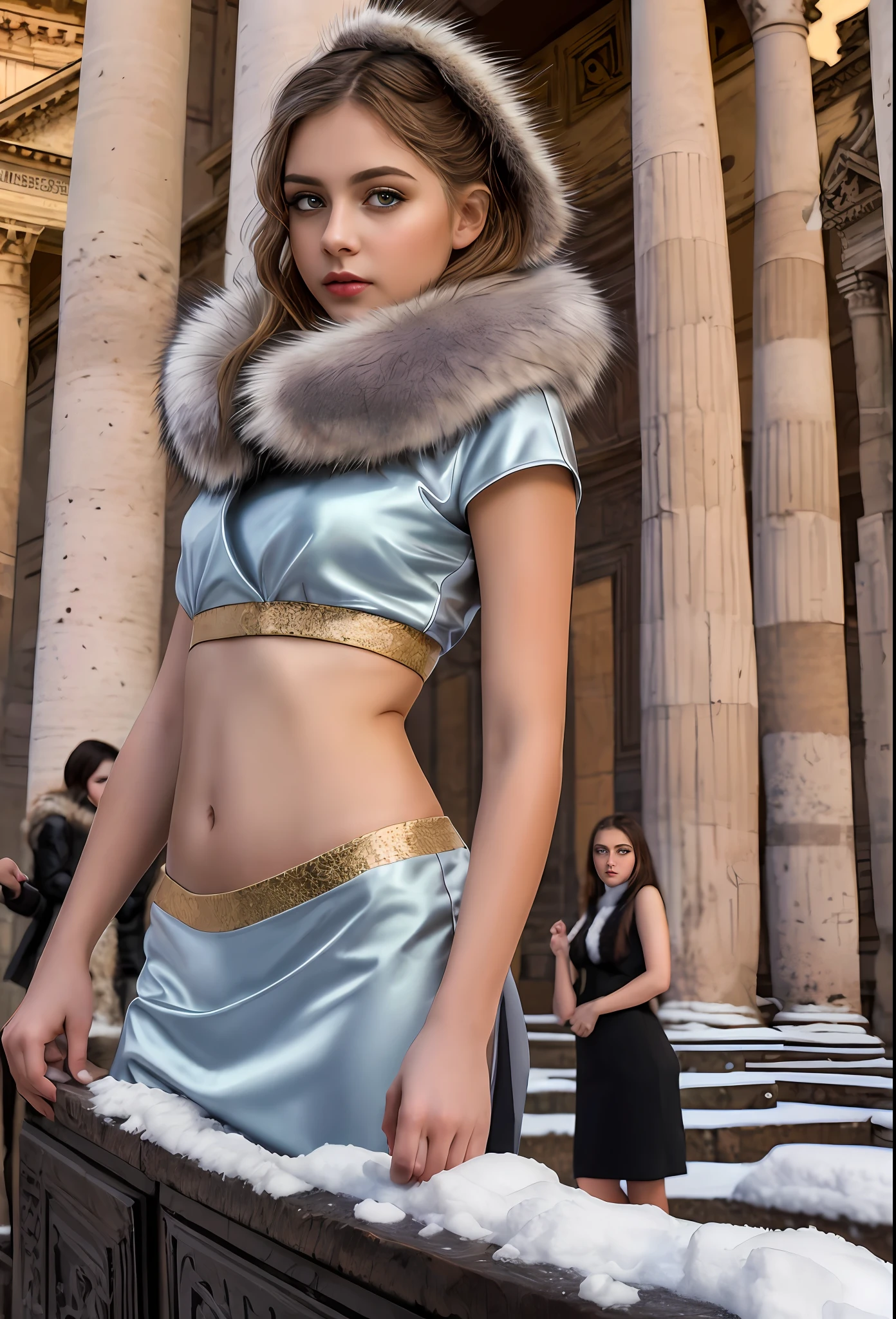 (Positive focus, Original photo), (2girls,duo,navel,Enter the Pantheon in Rome,crowd,winter,Snowy),Surrealistic Female Portraits by David Hockney and Alphonse Mucha, Fantasy art,Wear gorgeous furs, (Blue pupil: 1.4, shiny pupils: 1.4, Big eyes: 1.1), Photo fidelity, Dynamic lighting, Art Station, poster for, voluminetric lighting, Very detailed face, 4K, Award-winning, Shadows, understated, (official outfit: 1.4, Gorgeous fur, Complex clothing, Furs), Looking at the camera, Bust Up Shot, (Realistic face)),
