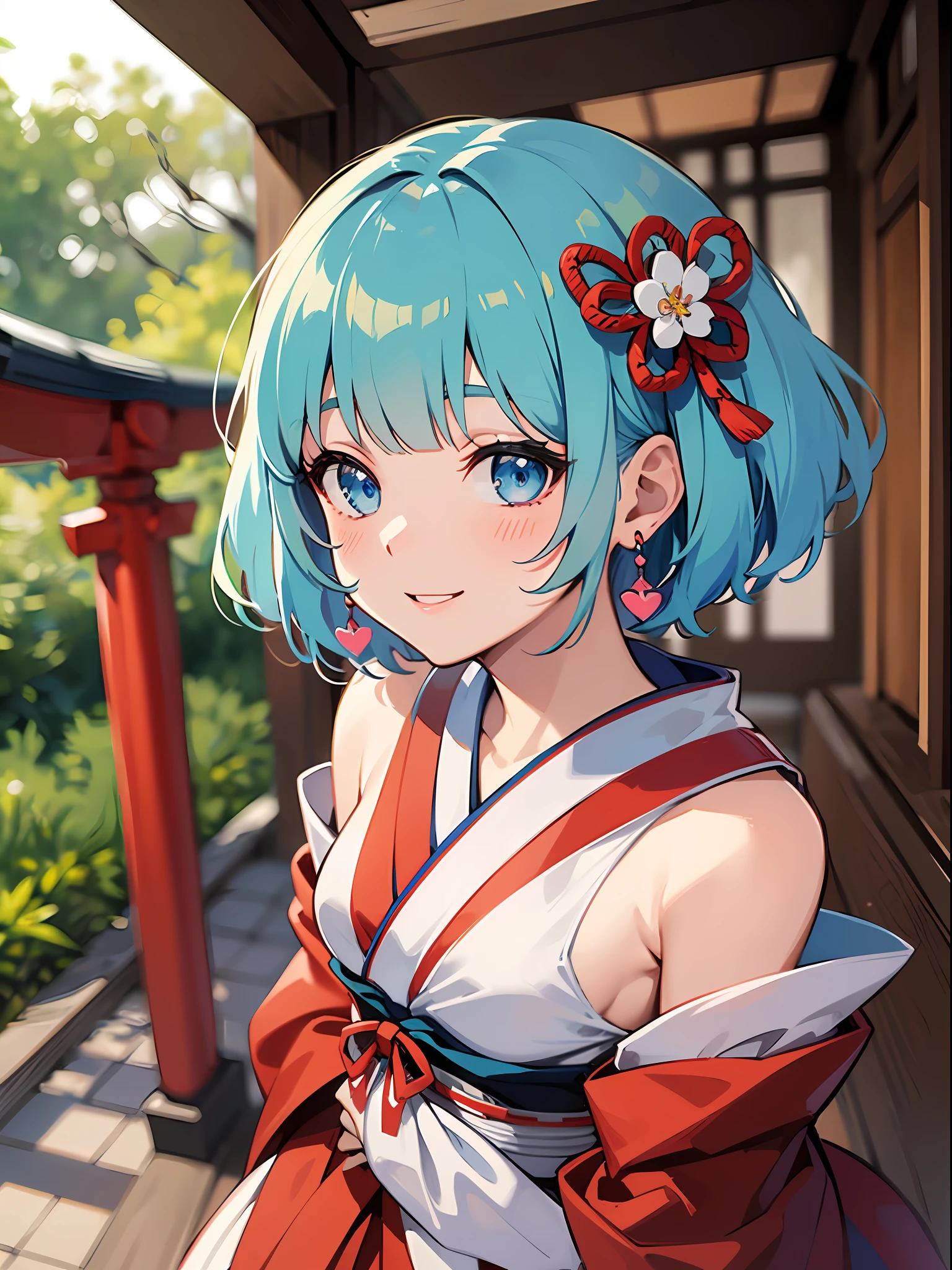 (masterpiece:1.3), (best quality:1.3), high resolution,
from above, dutch angle, couboy shot,
leaning forward, arms behind back, body facing forward,
(one cute girl:1.3), solo,
white skin, small Breast, eight-headed person,
light blue hair, (bobbed hair:1.2), (short hair:1.2), (blunt bangs:1.2), beautiful hair, blue eyes, beautiful detailed eyes,
blush, heart, cheerful smile,
shrine maiden, white and red shrine maiden, detached sleeves, earrings,
outdoors, shinto shrine, japanese style town, cherry tree,
shadowlighting,