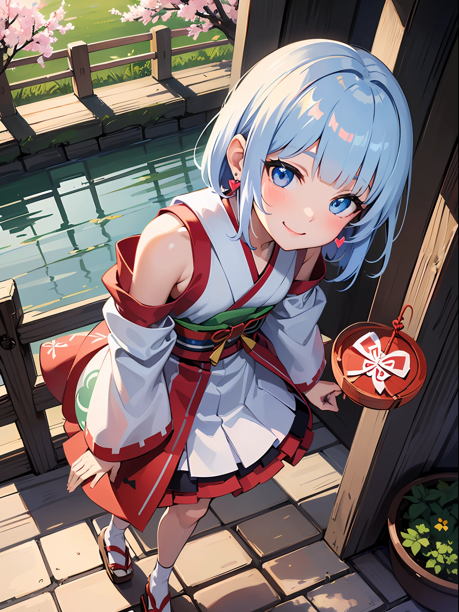 (masterpiece:1.3), (best quality:1.3), high resolution, 


from above, dutch angle, couboy shot, 
leaning forward, arms behind back, body facing forward, 

(one cute girl:1.3), solo, 
white skin, small Breast, eight-headed person, 
light blue hair, (bobbed hair:1.2), (short hair:1.2), (blunt bangs:1.2), beautiful hair, blue eyes, beautiful detailed eyes, 

blush, heart, cheerful smile, 

shrine maiden, white and red shrine maiden, detached sleeves, earrings, 

outdoors, shinto shrine, japanese style town, cherry tree, 

shadowlighting,