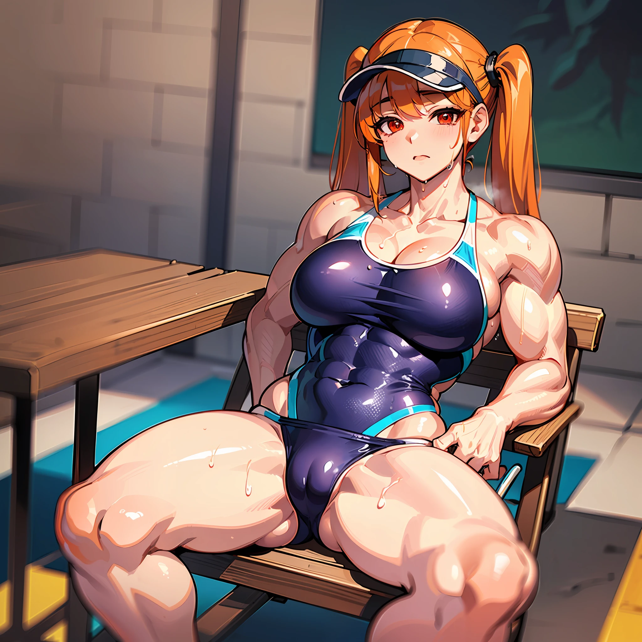 ((​masterpiece))、((Top image quality))、((top-quality))、(((Illustration of one woman)))、(((Muscle Girl)))、full body Esbian、((30-years old))、((neuter))、((twin tails with orange hair))、Red Eyes、((Long body))、(((perspiring)))、((Steam wafting all over the body))、((Body wet with sweat))、(((Muscular and strong body)))、((Split abs))、(((muscular and thick arms)))、(((muscular and thick thighs)))、((manspreading))、((Sports Swimwear))、Sitting on a deck chair、in poolside