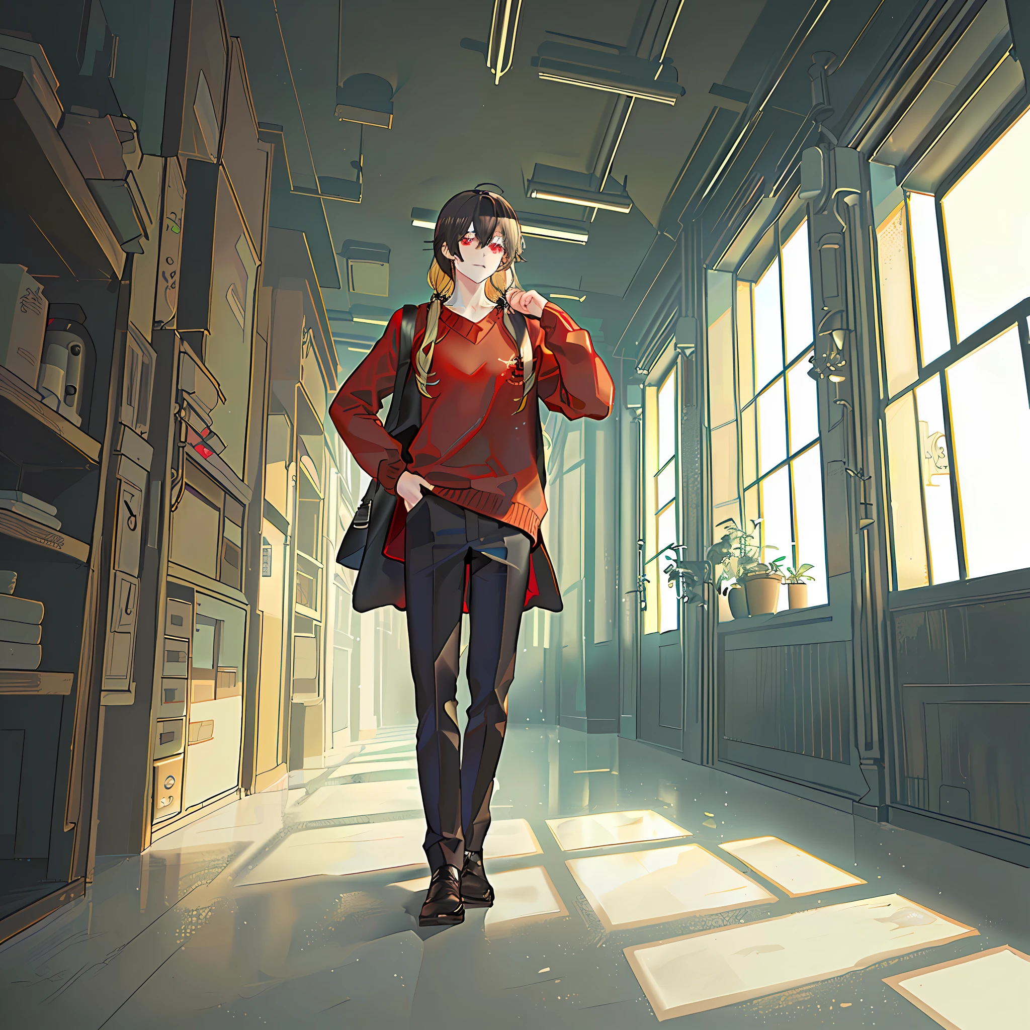 anime characters boy long black hair, Teal outer shirt with white inner shirt, walking with the blonde girl in the red sweater long hair dark red eyes