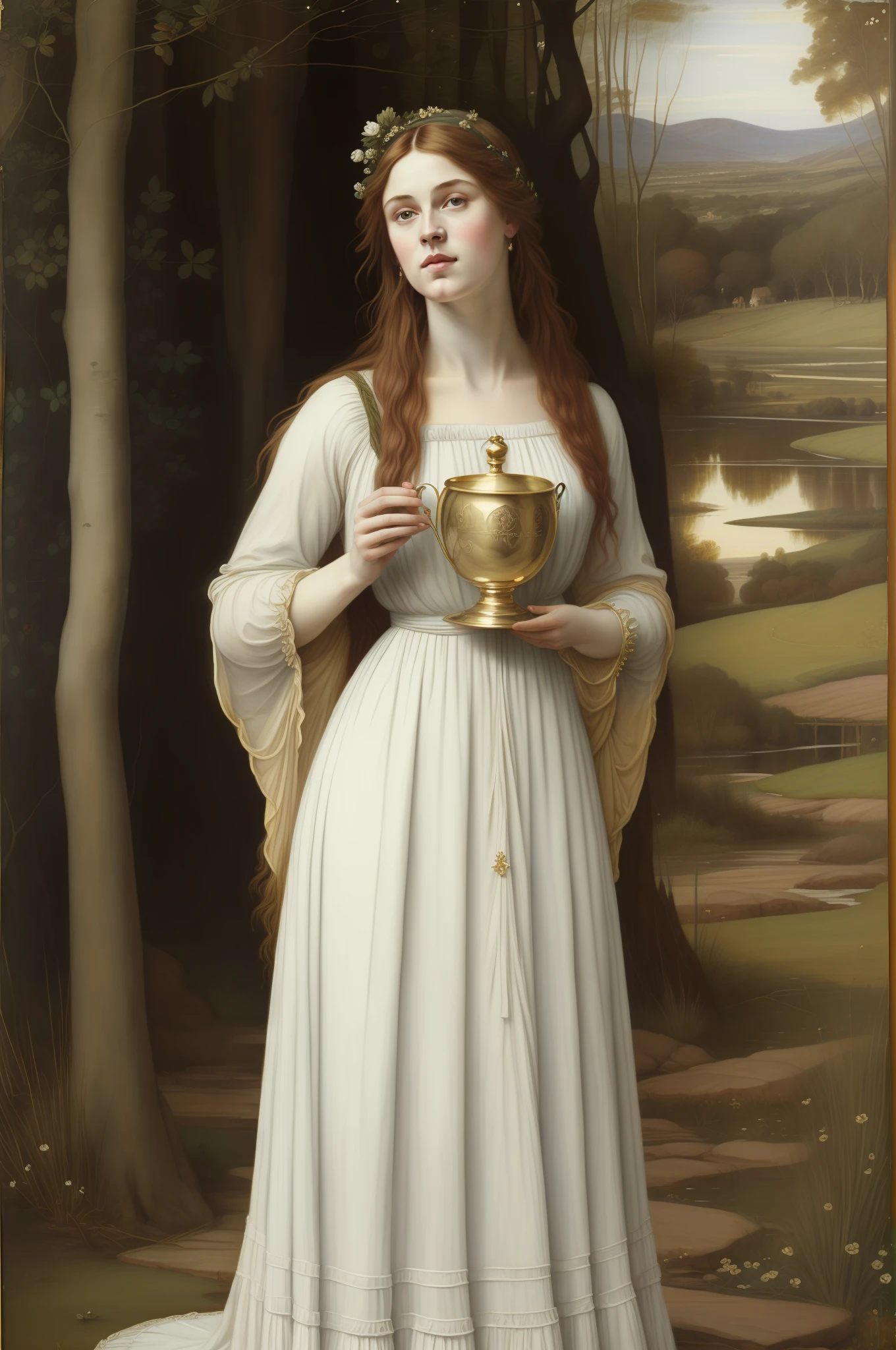 (((Pre-Raphaelite painting))), salgueiro, salgueiro emaranhado, marsh, paisagem celta, Ophelia in flowing white clothes holds a golden chalice and a magic wand, filtro vinheta (rosto renascentista) Salgueiro