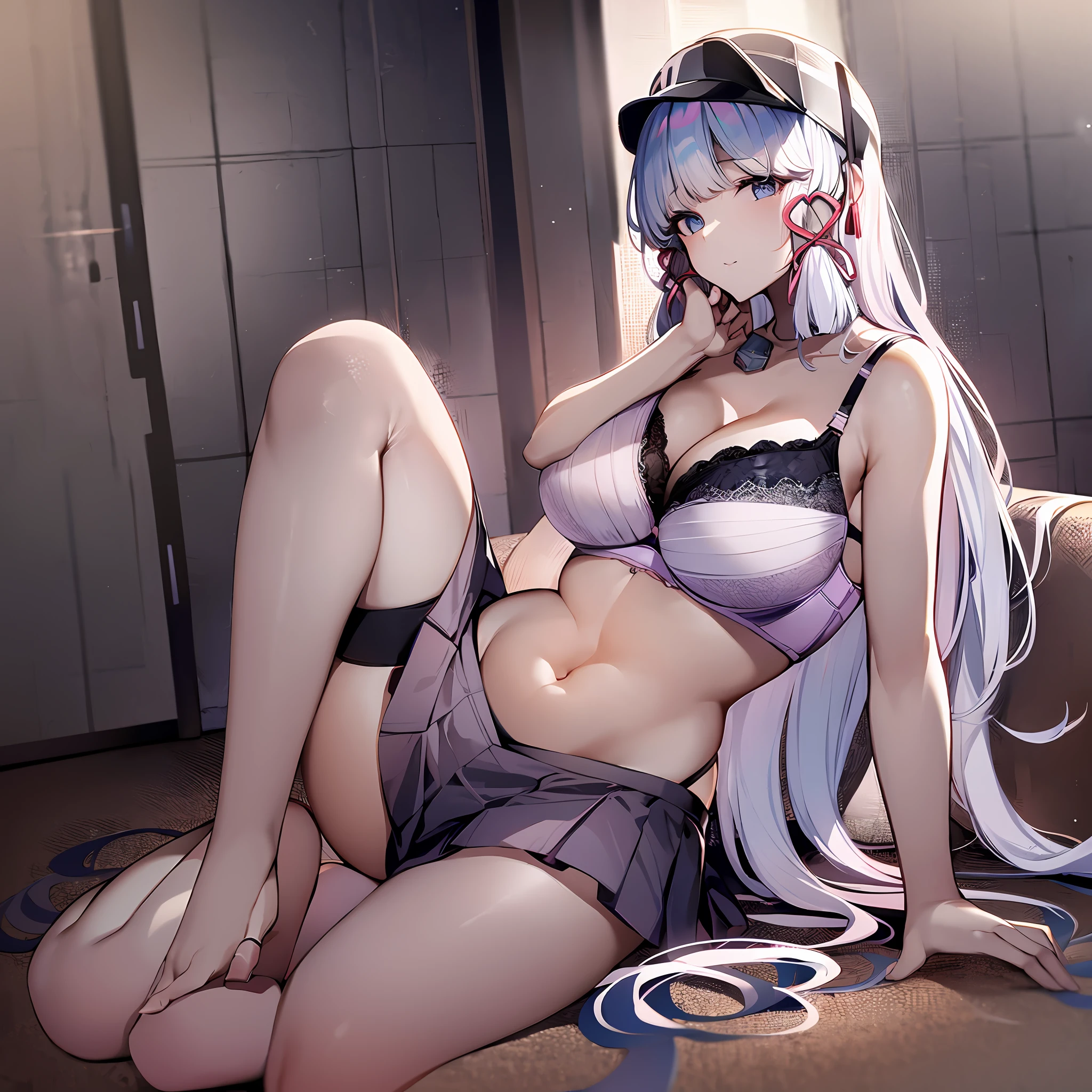 1kamisato ayaka, silver hair, large breasts,, cleavage, navel, t-shirt, ((bra)),clothes lift, skirt, lying, full Body,sexy body,sitting