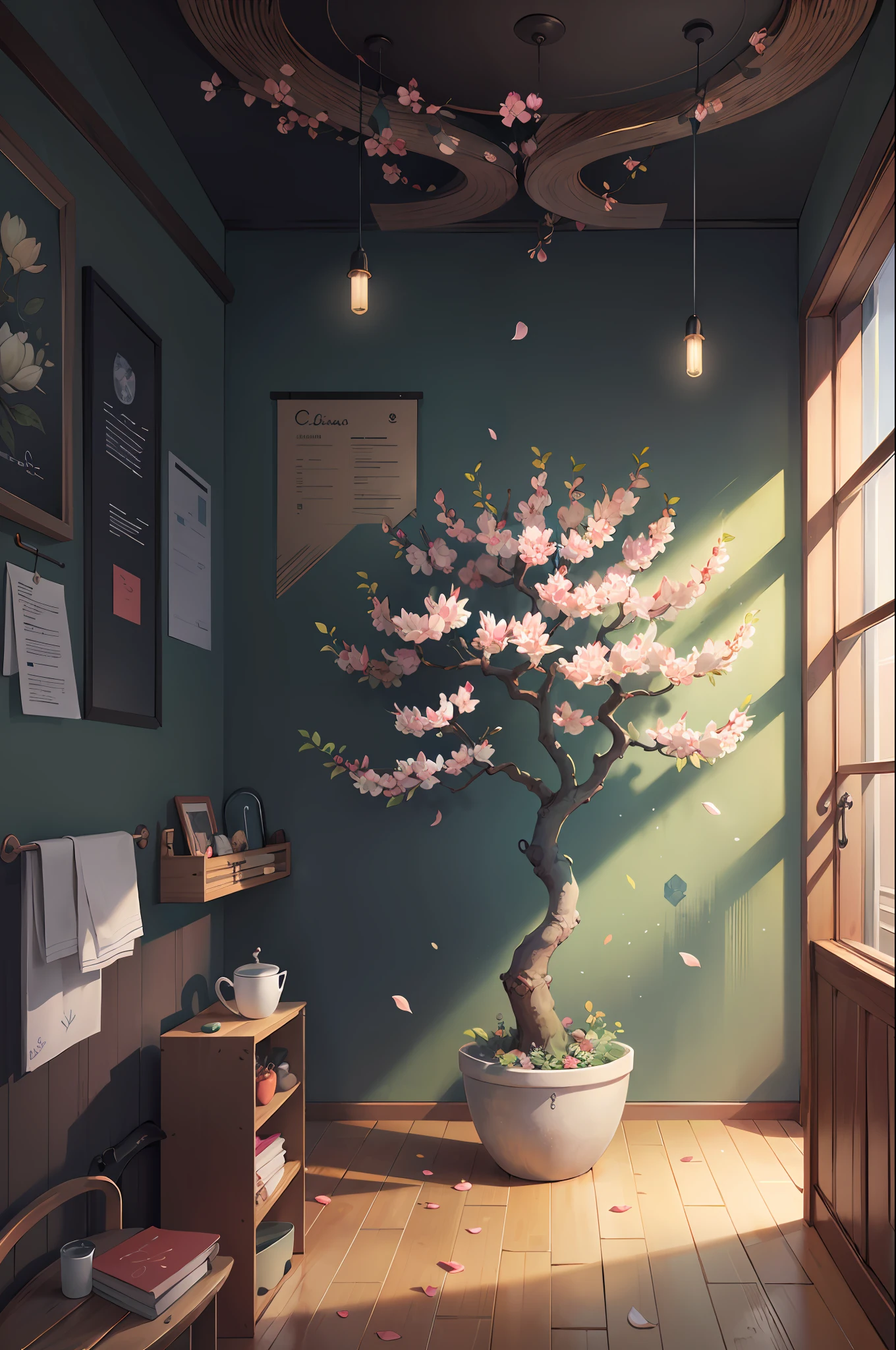 Original,(illustratio:1.1),(best qualtiy),(tmasterpiece:1.1),(the Extremely Detailed CG Unity 8K Wallpapers),(a color:1.2),Cherry magnolia tree,Magnolia petals,scenecy,rios|Wagas,