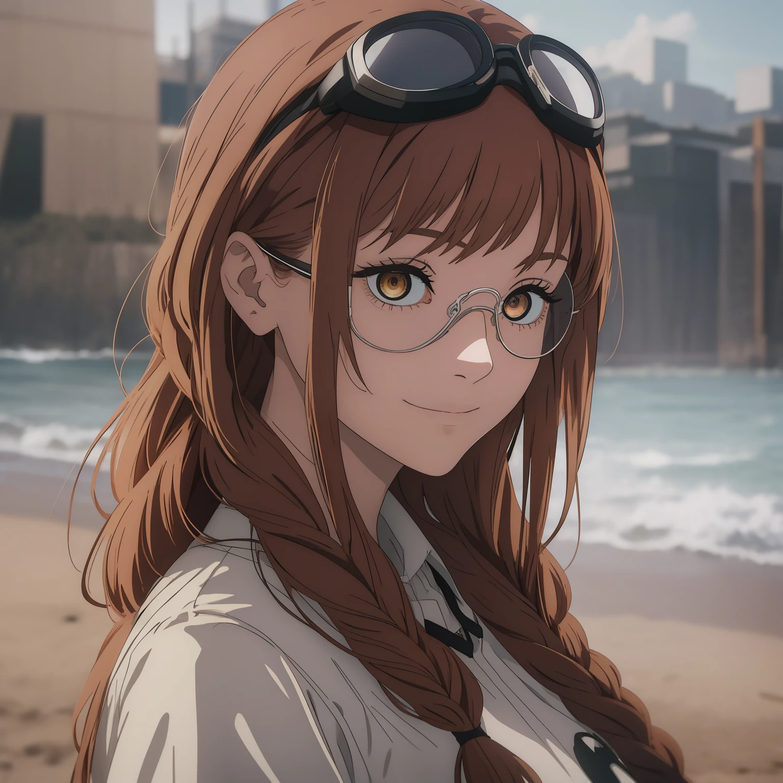 a beautiful young woman braid with brown hairstyle fringe, Enigmatic eyes, olhos amarelos, wearing goggles, Enigmatic smile, boca fechada, usando roupas formais, gravata preta, cinematic lighthing, Epic composition, rosto detalhado, olhos detalhados, extremamente detalhado.