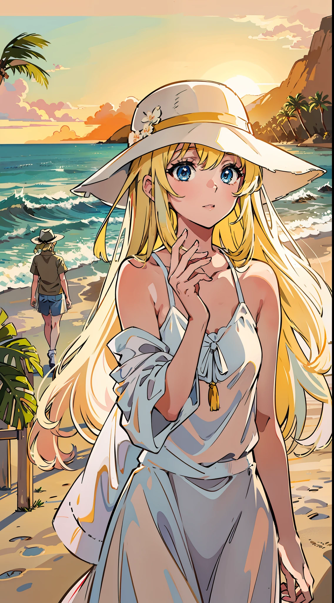 Become a woman。Blonde long-haired woman。Wearing a white dress、Wearing a white hat and sunglasses。We are in Hawaii。I'm at Sunset Beach。It is a colorful picture。It is an anime-style illustration。Beautiful with the best image quality