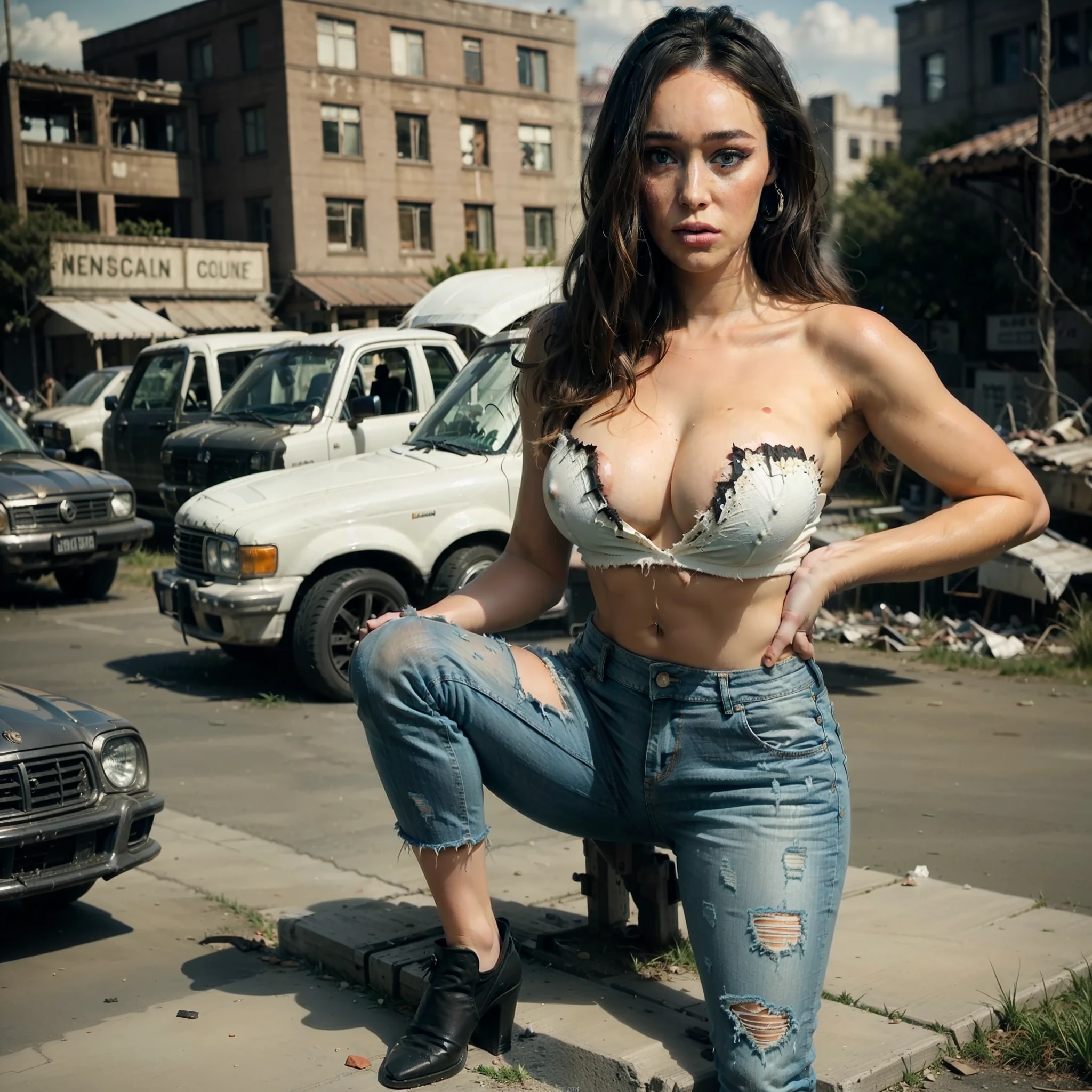 Ultra-realistic photo of Alicia Debnam Carey, (((torn, strapless shirt with spilled out cleavage, torn short jeans))), masterpiece, Best Quality, High solution, 32K HDR, Ultra-realistic texture, hyper derailed face, Portrait, ((natural, ultra gigantic tits, insane huge breasts)), Detailed eyes, {eroticism 1.5}, Photorealism, (view of Full body shot), Model Body Style, (Squat pose and exposed ultra realistic shaved armpits by up hands, on the ground, abandoned city, messy street, shabby buildings, apocalypse view), nipple stay in natural position,