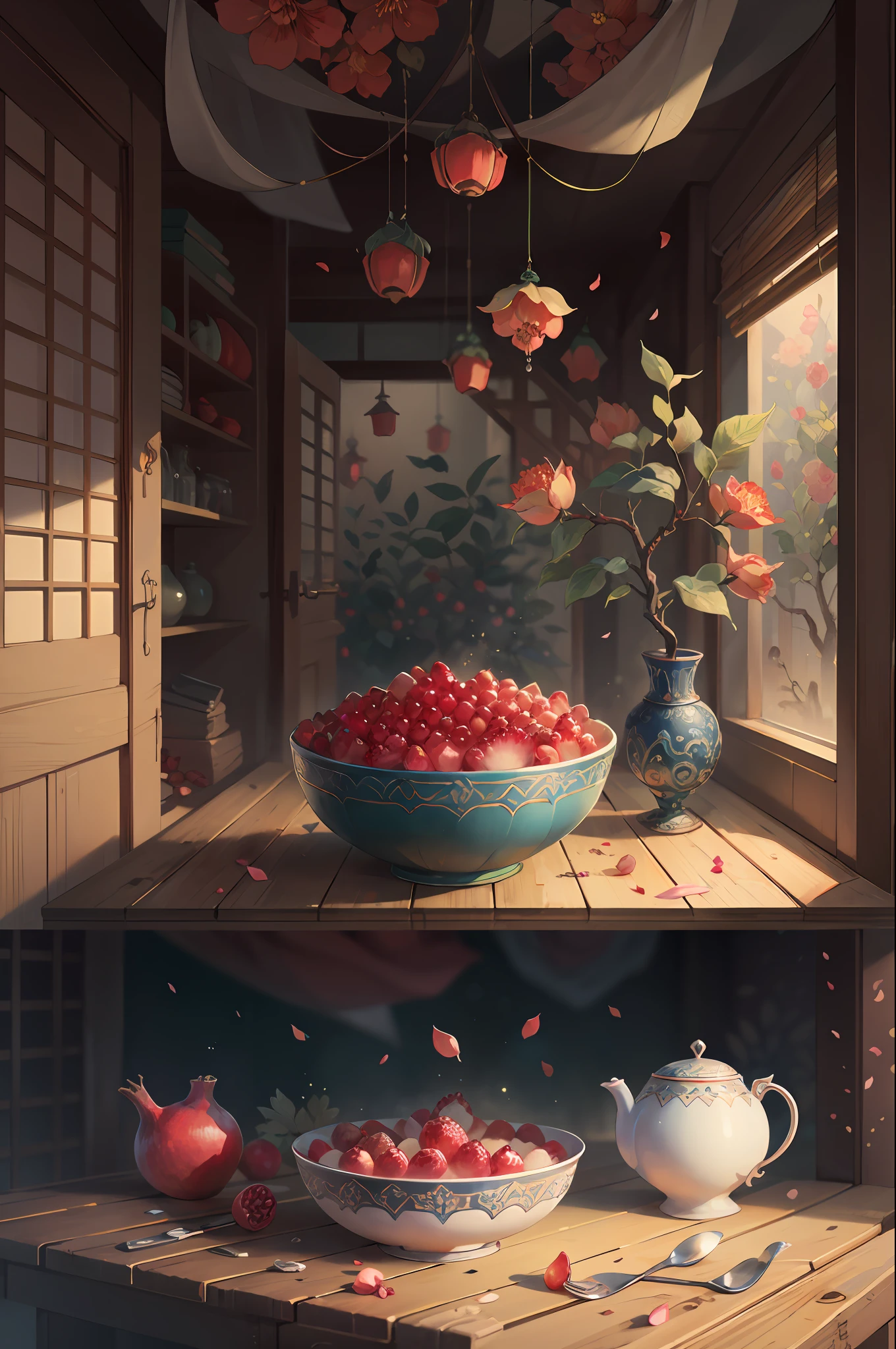Original,(illustratio:1.1),(best qualtiy),(tmasterpiece:1.1),(the Extremely Detailed CG Unity 8K Wallpapers),(a color:1.2),Pomegranate flower tree,Pomegranate petals,scenecy,rios|Wagas,