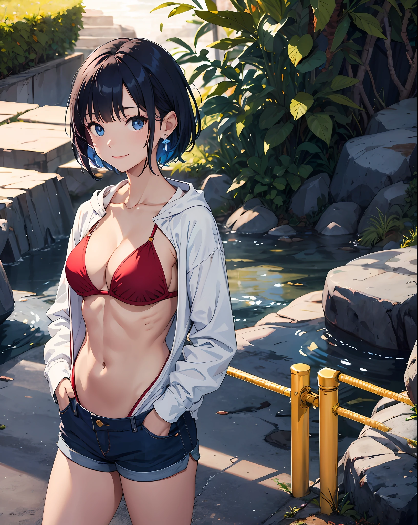 1 girl,utbikini, light hoodie,red bikini,(standing),light smile,outdoors,navel,hands in pockets,dark blue hair, dark blue eyes, short hair, earrings, hair accessories, anklet, right eye hidden by bangs, middle chest, cleavage, toned belly, muscular