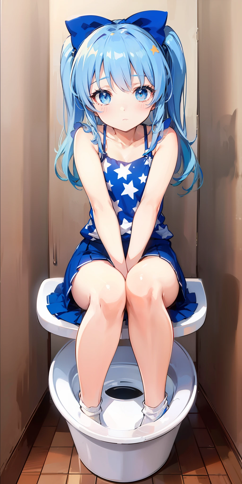 lightblue hair，eBlue eyes，Blue clothes with a star pattern，No shoes and socks