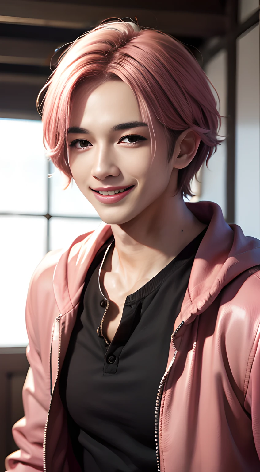 handsome young man in his 20's, short pink hair, mischievous smile,