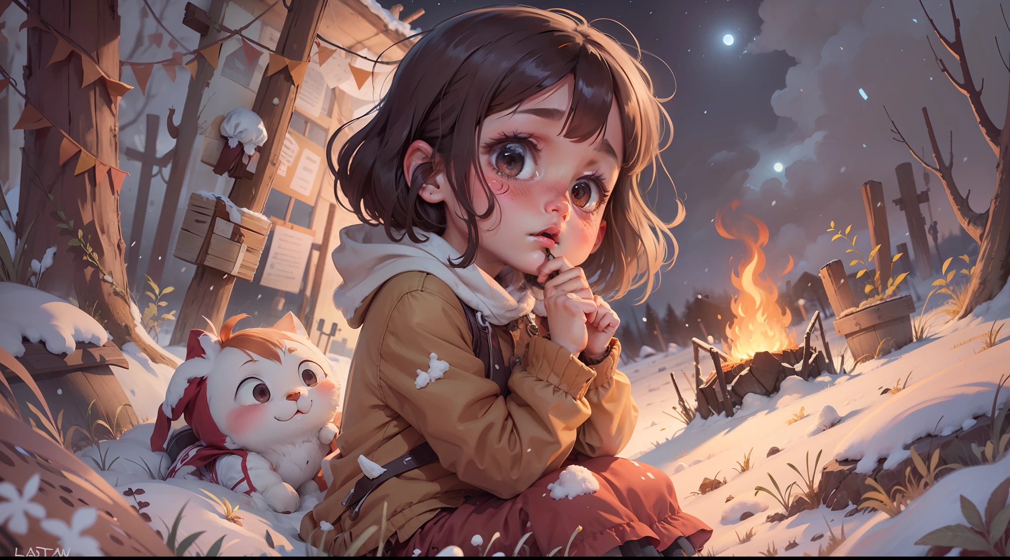 A poor little girl，Clothes are tattered，Match in hand for warmth，A faint orange flame made her face blush，The night sky is dark，snowfield，A lone
