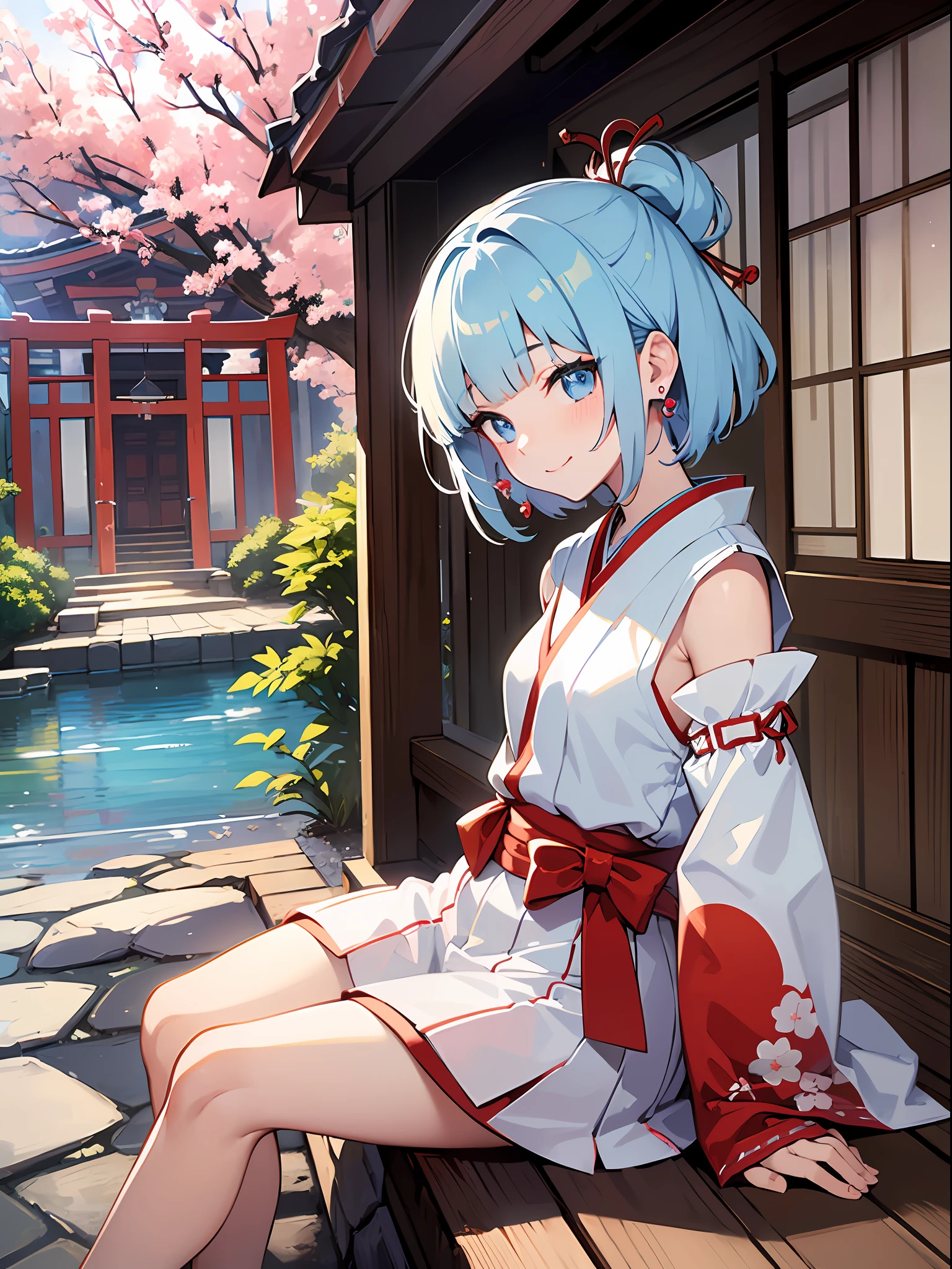 (masterpiece:1.3), (best quality:1.3), high resolution,
dutch angle, couboy shot,
leaning forward, sitting, arms behind back, body facing forward,
(one cute girl:1.3), solo,
white skin, small Breast, eight-headed person,
light blue hair, (bobbed hair:1.2), (short hair:1.2), (blunt bangs:1.2), beautiful hair, blue eyes, beautiful detailed eyes,
blush, heart, cheerful smile,
shrine maiden, white and red shrine maiden, detached sleeves, earrings,
outdoors, shinto shrine, japanese style town, cherry tree,
shadowlighting,