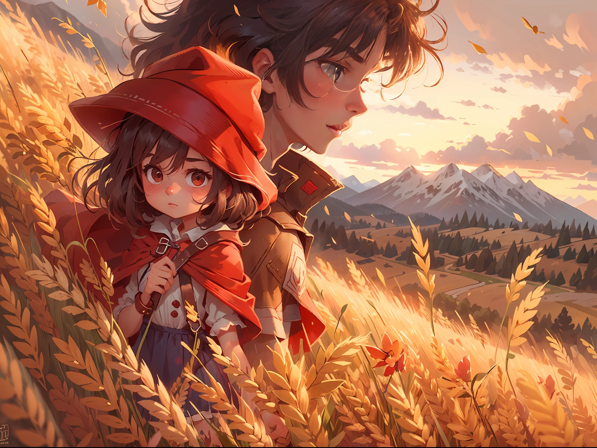 (((high detail))), best quality, Little Red Riding Hood,1girl,1boy,girl Wearing a red hat, working in the golden wheat field, dark brown long flowing hair blowing in the wind,There is a boy (Golden short hair)(Prince Clothing) in the corner, eyeing eagerly, mountains in the far background, sunset