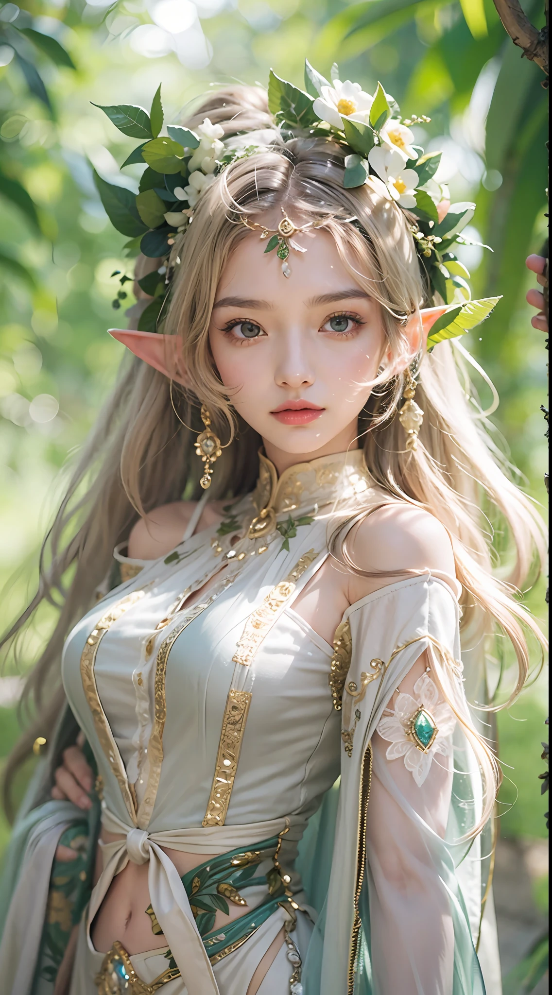 Elf Princess，ln the forest，flowers hair ornaments，green leaf，Fine vine，(Photorealistic:1.4), (Masterpiece, side-lighting, fine detailed beautiful eyes: 1.2), Masterpiece*Portrait, Realistic, The face is delicate, Glowing eyes, Shiny hair, Glossy glossy skin, Solo, embarressed, (midriff),（super-fine），Detailed pubic hair，Accurate，（Works of masters），（best qualtiy），8K分辨率，A half body，dynamic viewing angle，