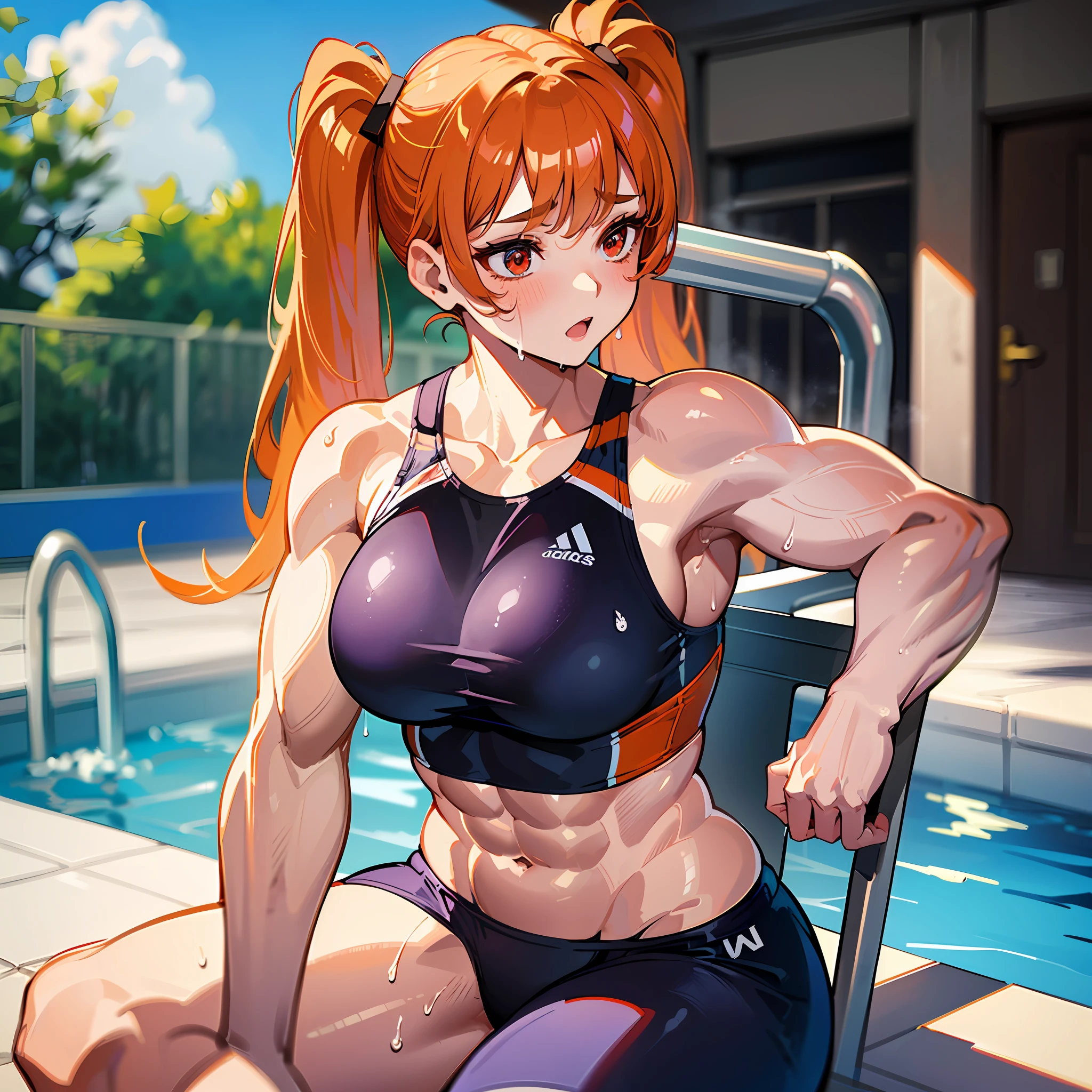 ((​masterpiece))、((Top image quality))、((top-quality))、(((Illustration of one woman)))、(((Muscle Girl)))、full body Esbian、((30-years old))、((neuter))、((twin tails with orange hair))、Red Eyes、((Long body))、(((perspiring)))、((Steam wafting all over the body))、((Body wet with sweat))、(((Muscular and strong body)))、((Split abs))、(((muscular and thick arms)))、(((muscular and thick thighs)))、((manspreading))、((Sports Swimwear))、Sitting on a deck chair、in poolside