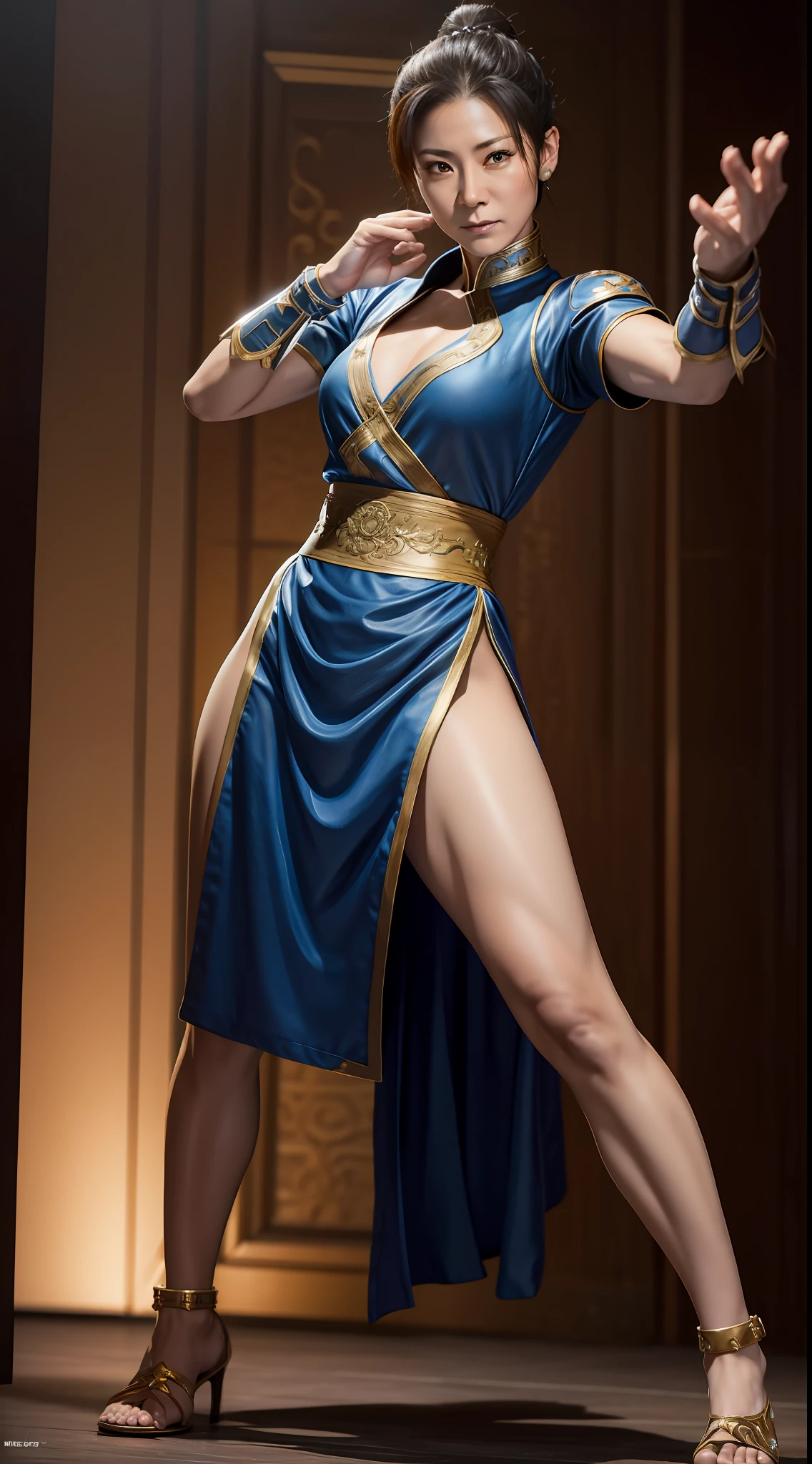 Michelle Yeoh、One lady、Kung Fu Star、actionpose、A detailed face、Looking at the camera、detailed full-body concept、Top resolution、​masterpiece、ChunLi