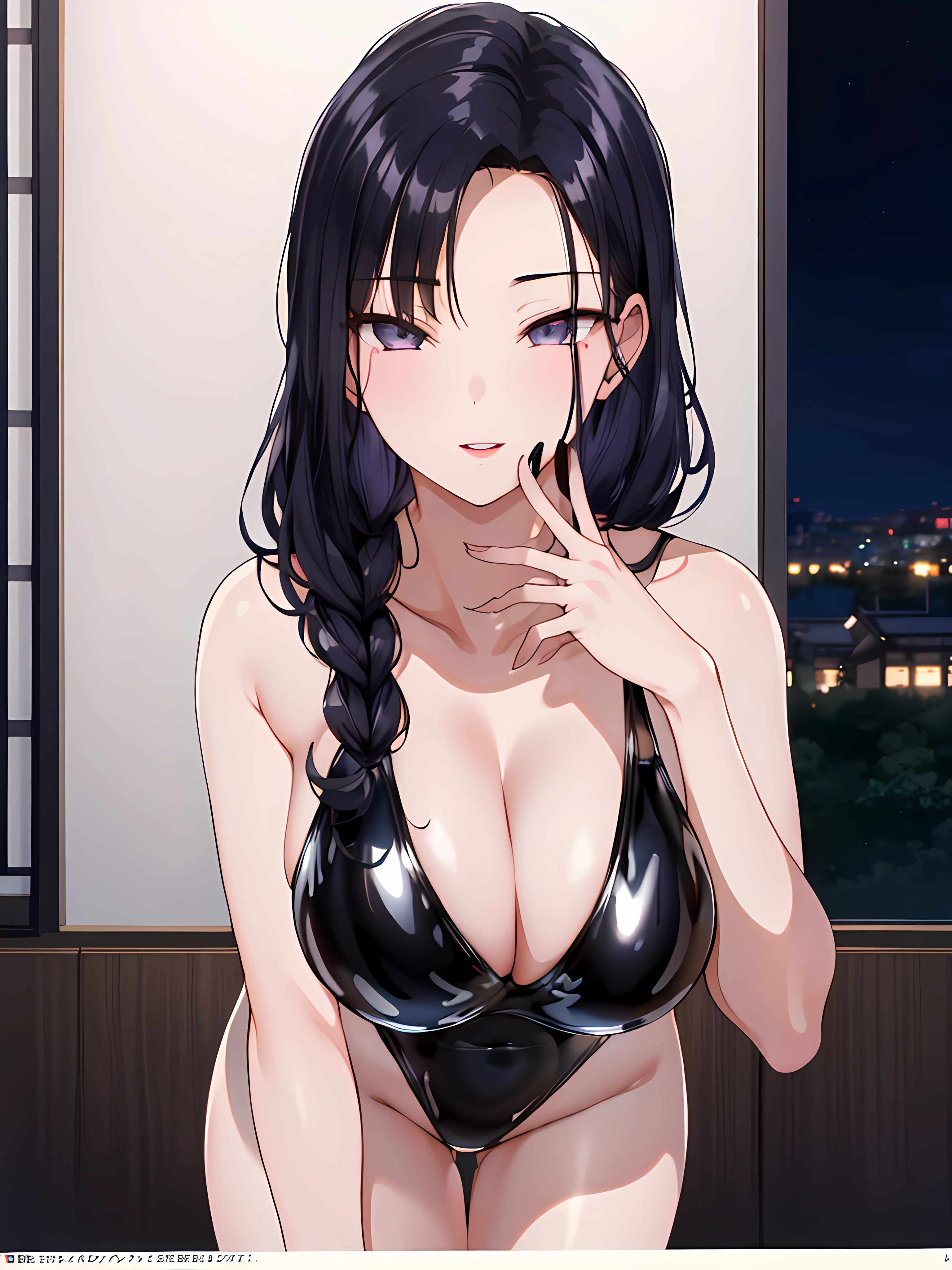 (Night:1.7), Japan, Tokyo, CityView, Before Window,
looking at viewer, (seductive look:1.2), happy, smile,
(black_latex_slingshot_swimsuit:1.3),cleavage,
black_hair, long_hair, hair_pulled_back,parted_lips,purple_eyes, braid,
1 girl, 24yo,mature female,Beautiful Finger,Beautiful long legs,Beautiful body,Beautiful Nose,Beautiful character design, perfect eyes, perfect face, perfect fingers, perfect hands, perfect breasts, perfect body, perfect mouth, perfect lips, glowing eyes,
looking at viewer, in the center of the image,
NSFW,official art,extremely detailed body, exteremly detailed face, extremely detailed hair, extremely detailed eyes, wallpaper, perfect lighting,Colorful, Bright_Front_face_Lighting,
(masterpiece:1.0),(best_quality:1.0), ultra high res,4K,ultra-detailed,
photography, 8K, HDR, highres, absurdres:1.2, Kodak portra 400, film grain, blurry background, bokeh:1.2, lens flare, (vibrant_color:1.2)
(Beautiful,large_Breasts:1.4), (beautiful_face:1.5),(narrow_waist),