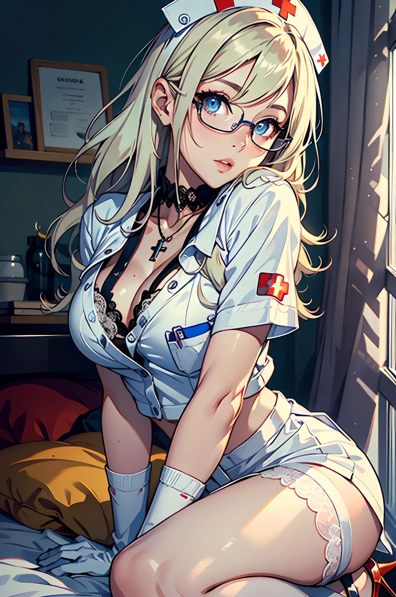 1girl in, (Solo:1.2), (Beautiful and detailed eyes description), (beautiful and detailed face), Perfect female body, (neat figure), Slender waist, (20yr old), Long hair, Platinum Blonde Hair, Two-side-up,Very big eyes, Blue eyes, Small glasses, Smaller chest, cleavage, blush, Shy, watery lips, Nurse, (Nurse Uniform), Nurse Cap, tight skirts, (Underwear with stunning lace), (Moss green underwear), (White Gloves:1.2), (White pantyhose), high-heels, a necklace, Hospital bed, White curtains, Sunlight, Squatting, Cross your arms under your chest, (Best Quality), (ultra-detailliert), (masuter piece), (hight resolution), (Original), (the Extremely Detailed CG Unity 8K Wallpapers), Character Design, Game CG, Detailed Manga Illustration