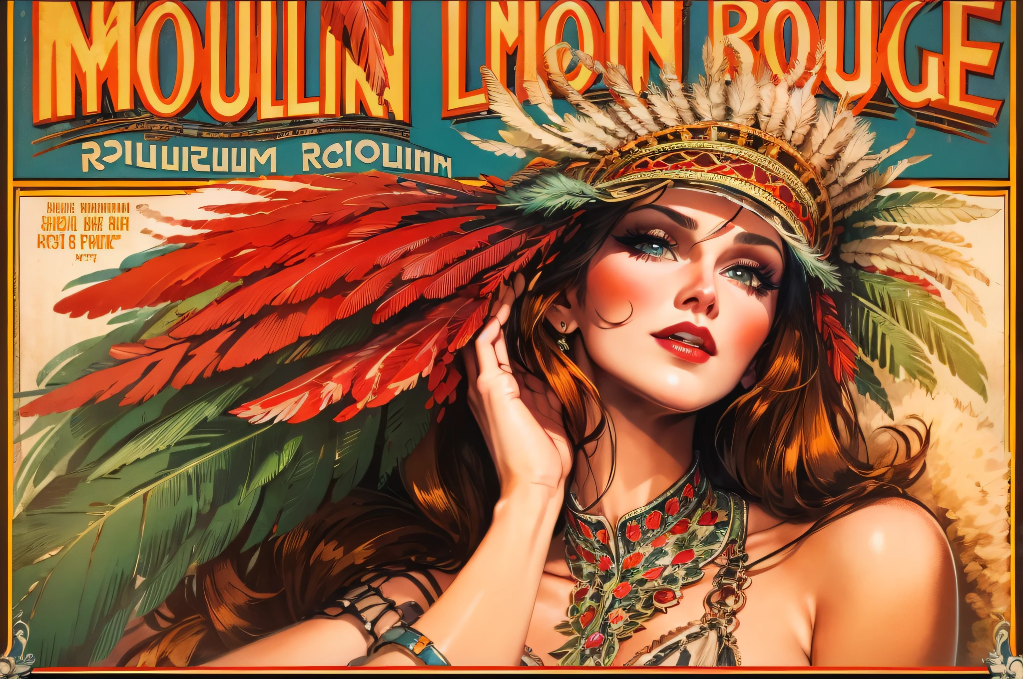 lwsh, (advertising poster) of Moulin Rouge show, illustration of a cute woman, showing The Feathery Femme, A feathered bodysuit with a plunging neckline, paired with high-waisted shorts and feathered headdress