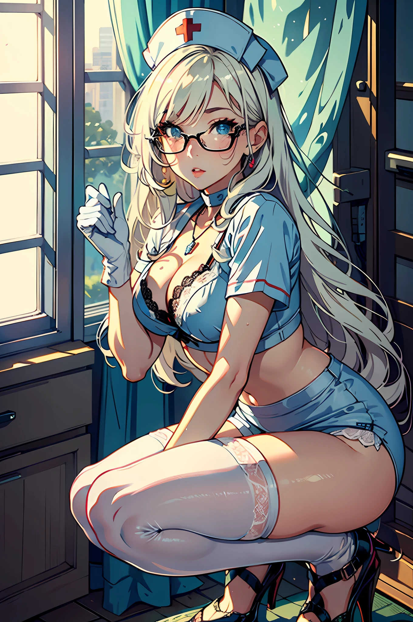 1girl in, (Solo:1.2), (beautifully detailed eyes), (beautiful and detailed face), Perfect female body, (neat figure), Slender waist, (20yr old), Long hair, Platinum Blonde Hair, Two-side-up,Very big eyes, Blue eyes, Small glasses, Smaller chest, cleavage, blush, Shy, watery lips, Nurse, (Nurse uniform), Nurse Cap, tight skirts, (Stunning lace underwear), (Moss green underwear), (White Gloves:1.2), (White pantyhose), high-heels, a necklace, Hospital bed, White curtains, Sunlight, Squatting, Have a thermometer, (Best Quality), (ultra-detailliert), (masuter piece), (hight resolution), (Original), (the Extremely Detailed CG Unity 8K Wallpapers), Character Design, Game CG, Detailed Manga Illustration