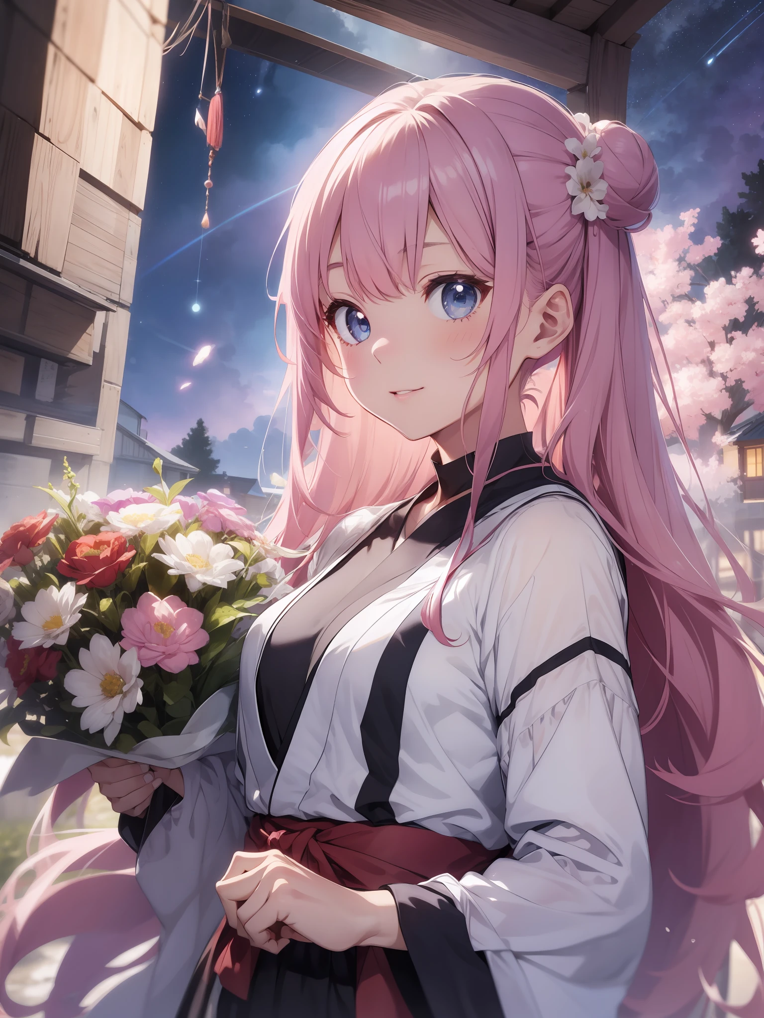 tmasterpiece,nood,ighly detailed,细致背景,详细的脸,Medium chest,Illustration,1girl in,(whaite hair,hair-bun,Very long hair,A pink-haired、Twin-tailed、Wavy Hair,dishevled hair:1.3),Blue eyes,Parted Lip,(ssmile),Blushlush,llight rays,rays of sunshine,Glow,shiny,Long shirt,Bound waist,shawls,Bust poem,Upper body,Tang suit,jumpping,Children's,Bitgirl,Hanfu,Tang Feng,(zoomout:1.1),(meteor shower:1.2),(comets:1.1),Your Name,low angles,(Flower bouquet)Aurora Borealis,meteors,bath robe,Red kimono,SakuraNS,standing in a field,best qualtiy,tmasterpiece,clouds,Colorful,starrysky,starrysky,Stars,